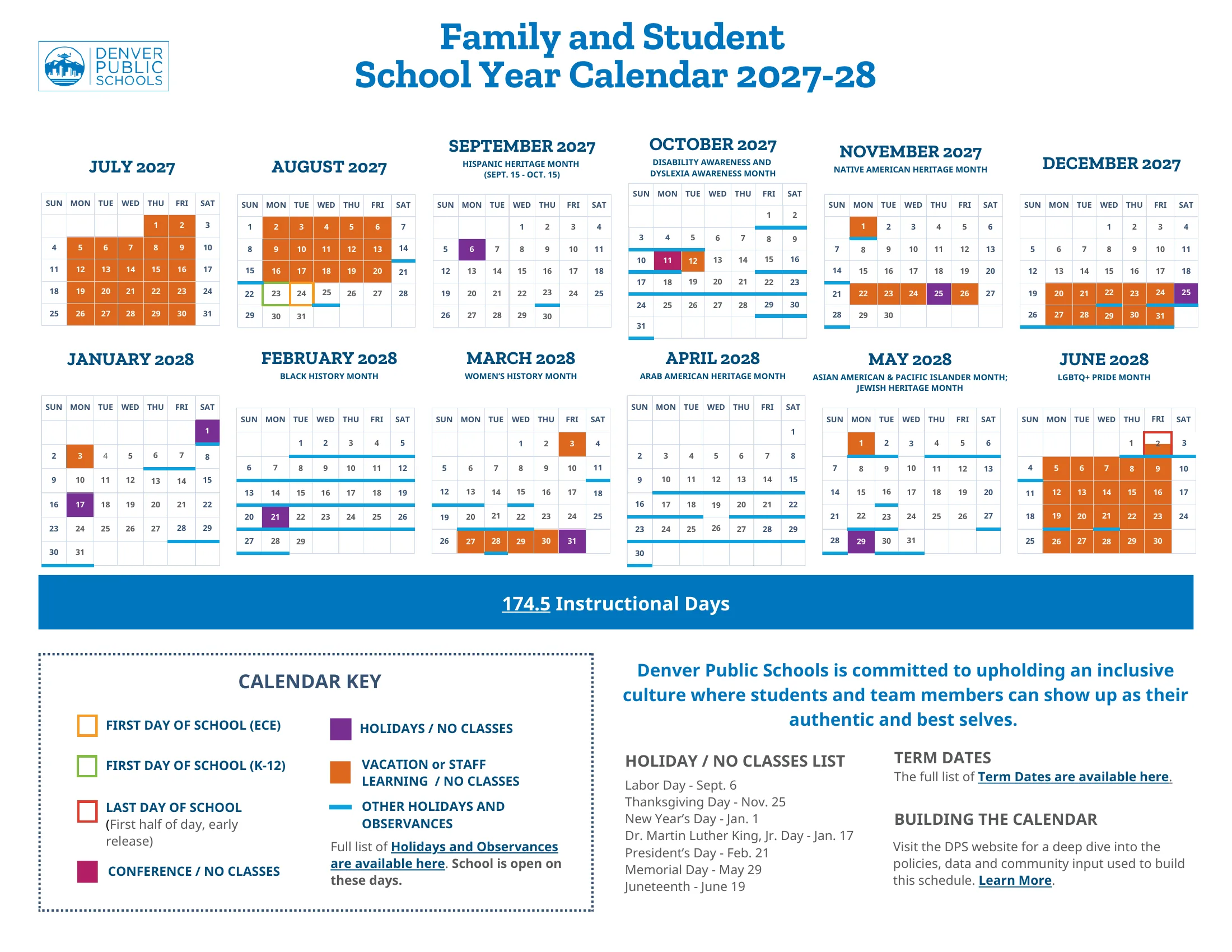 The Denver Public Schools Family and Student School Year Calendar 2027-28: twelve month grids from July 2027 to June 2028 with holidays in purple, vacation and staff learning days in orange, a conference day in magenta, the first and last days outlined, observances underlined in blue, the 174.5 instructional days and a key with the holiday list.