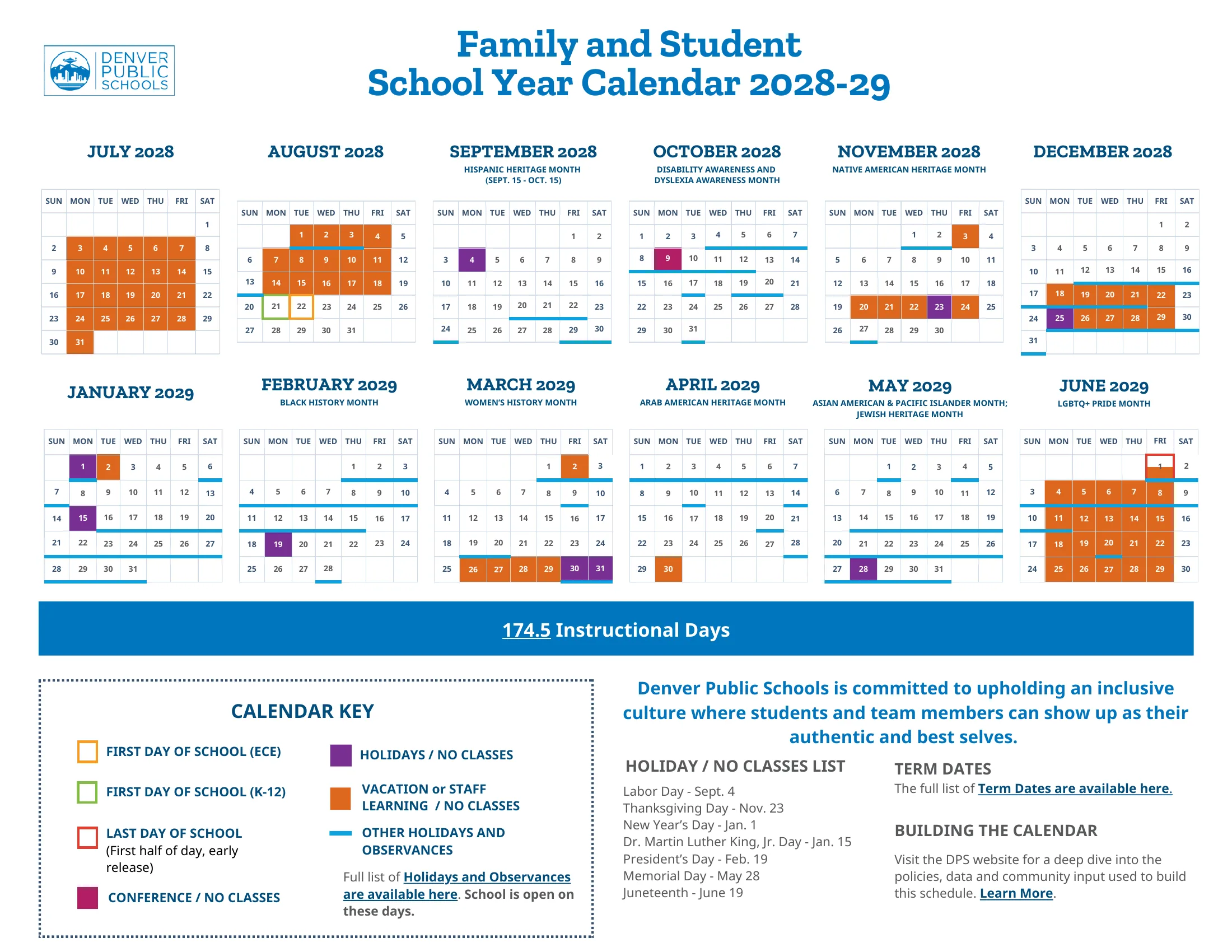 The Denver Public Schools Family and Student School Year Calendar 2028-29: twelve month grids from July 2028 to June 2029 with holidays in purple, vacation and staff learning days in orange, a conference day in magenta, the first and last days outlined, observances underlined in blue, the 174.5 instructional days and a key with the holiday list.