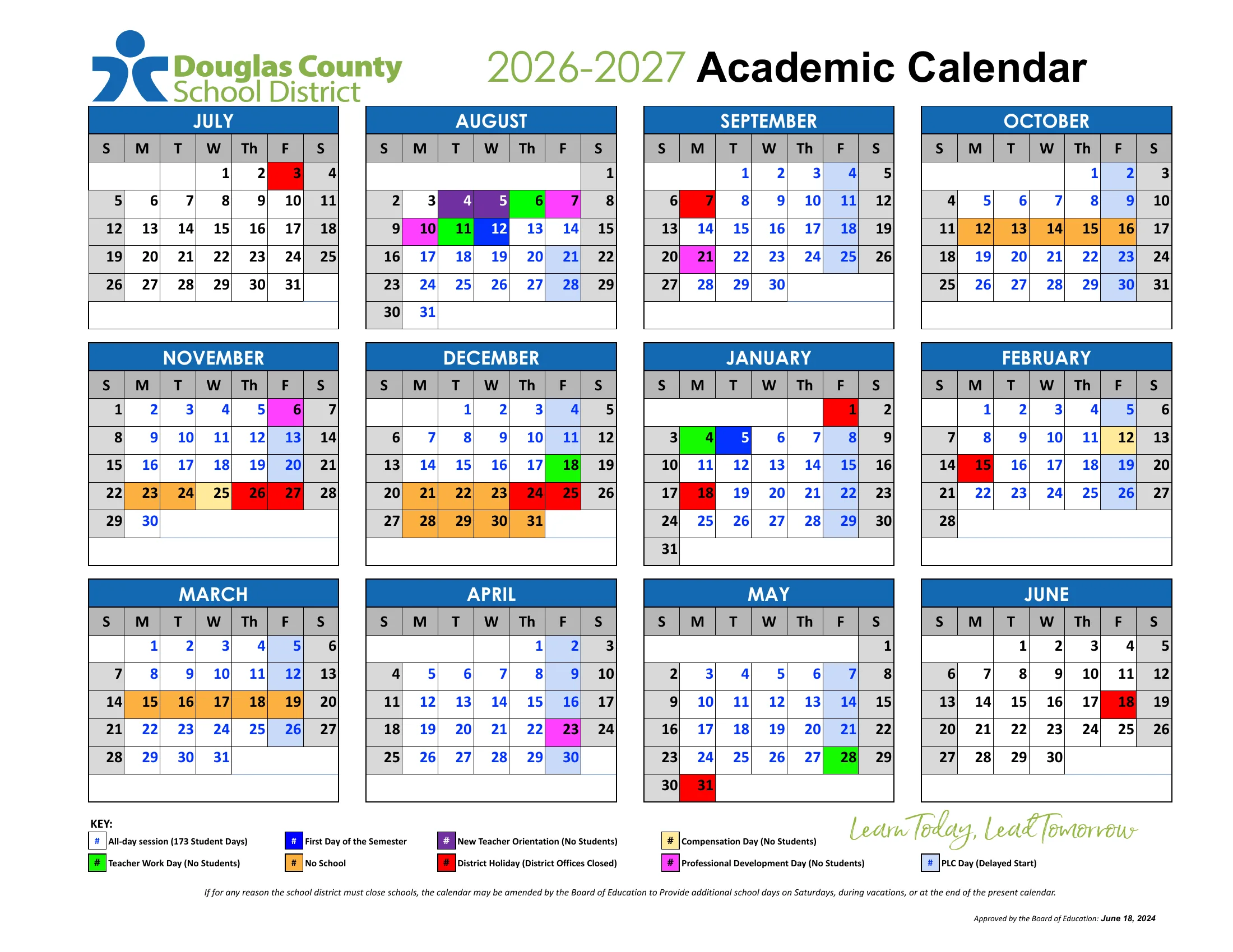 The Douglas County School District 2026-2027 Academic Calendar: twelve month grids from July 2026 to June 2027, color coded for first day of the semester, teacher workdays, new teacher orientation, professional development days, no school days, district holidays, compensation days and Friday PLC delayed start days, with a key below.