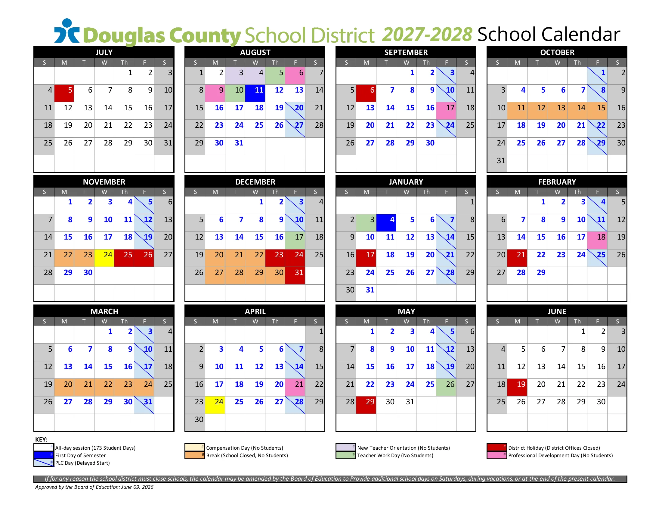 The Douglas County School District 2027-2028 School Calendar: twelve month grids from July 2027 to June 2028, color coded for first day of the semester, teacher workdays, new teacher orientation, professional development days, breaks, district holidays, compensation days and Friday PLC delayed start days, with a key below.