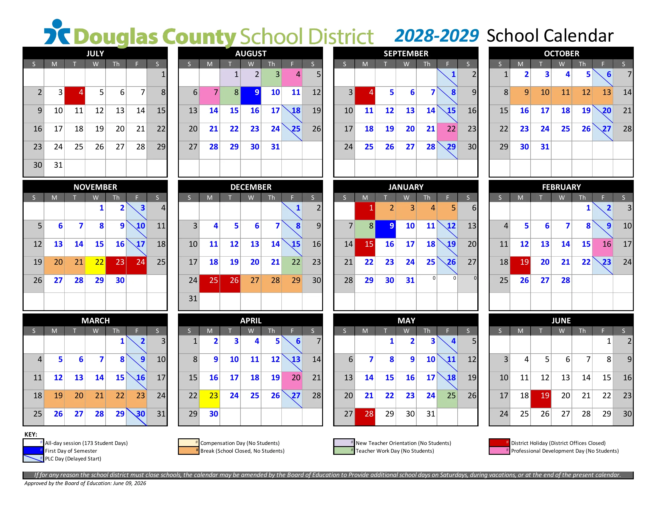 The Douglas County School District 2028-2029 School Calendar: twelve month grids from July 2028 to June 2029, color coded for first day of the semester, teacher workdays, new teacher orientation, professional development days, breaks, district holidays, compensation days and Friday PLC delayed start days, with a key below.