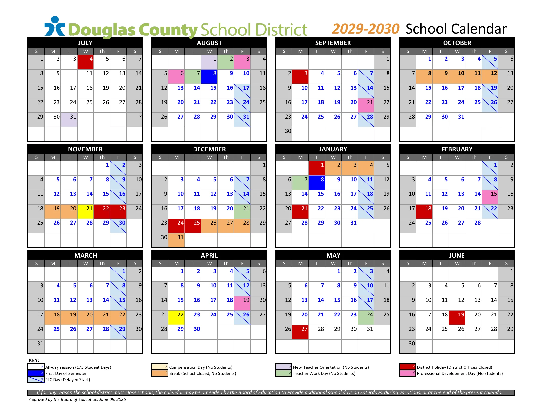 The Douglas County School District 2029-2030 School Calendar: twelve month grids from July 2029 to June 2030, color coded for first day of the semester, teacher workdays, new teacher orientation, professional development days, breaks, district holidays, compensation days and Friday PLC delayed start days, with a key below.
