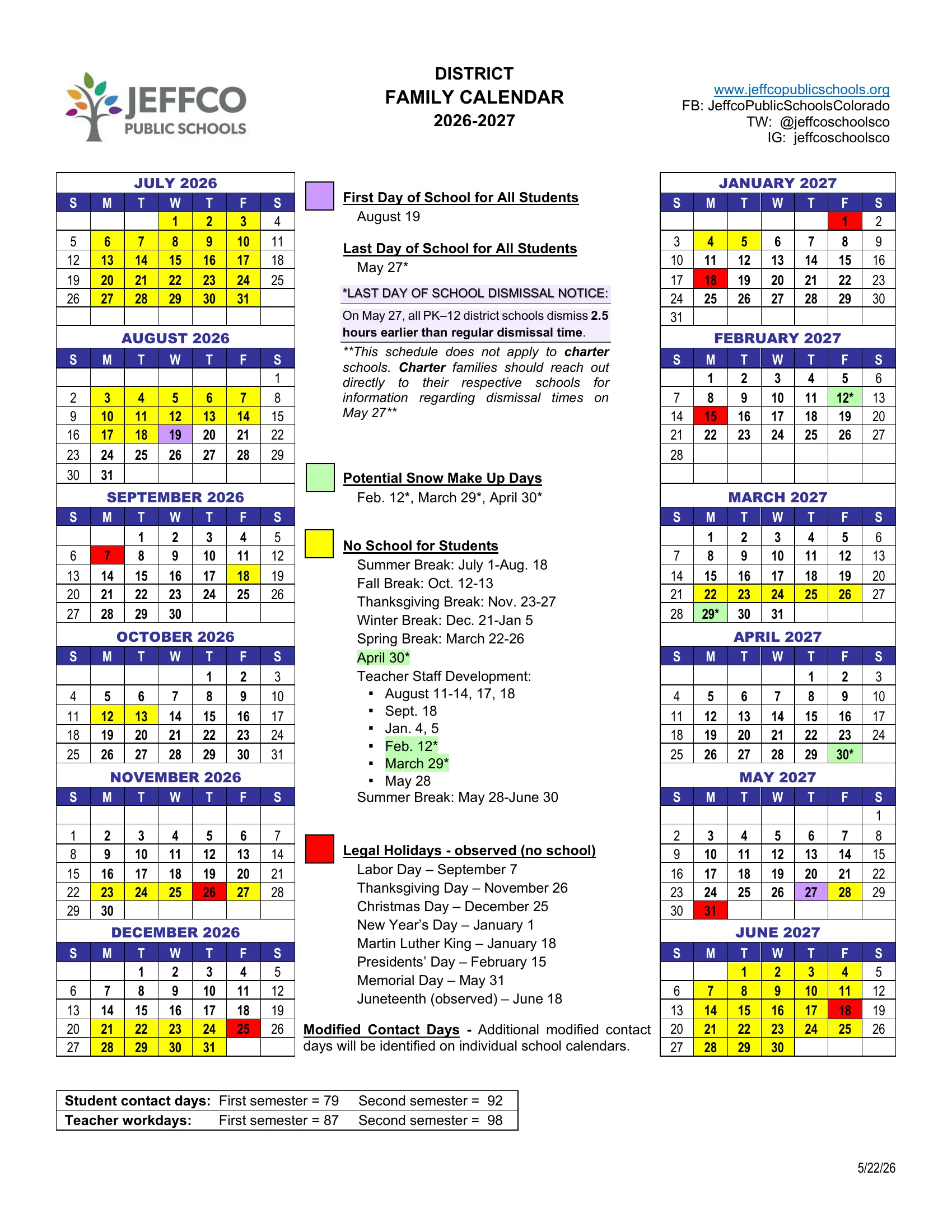 The Jeffco Public Schools District Family Calendar 2026-2027: twelve month grids from July 2026 to June 2027 with no-school days in yellow, legal holidays in red, the first and last days of school in purple and potential snow makeup days in green, a legend listing breaks, teacher staff development days and holidays, the last-day dismissal notice, and student contact day counts by semester.