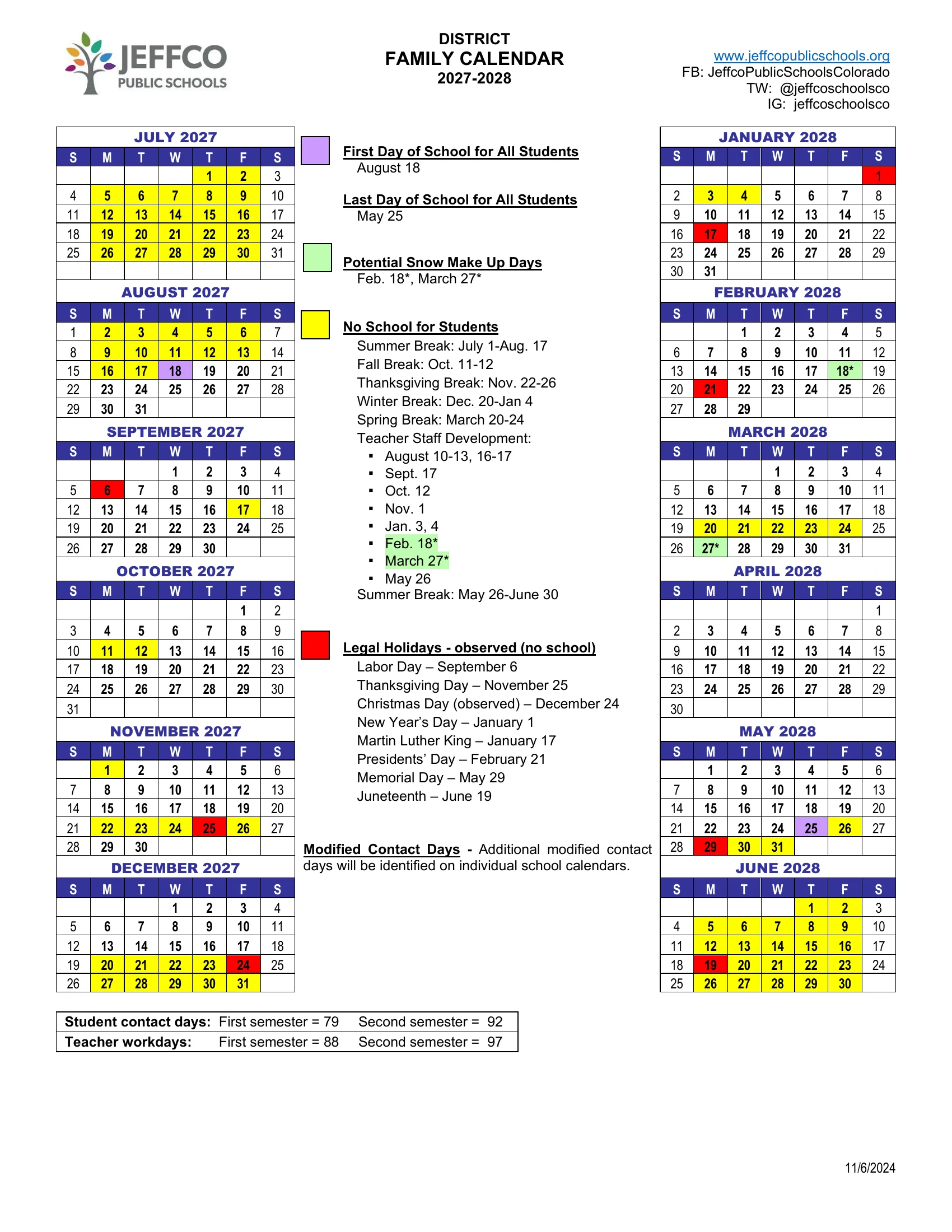 The Jeffco Public Schools District Family Calendar 2027-2028: twelve month grids from July 2027 to June 2028 with no-school days in yellow, legal holidays in red, the first and last days of school in purple and potential snow makeup days in green, a legend listing breaks, teacher staff development days and holidays, and student contact day counts by semester.