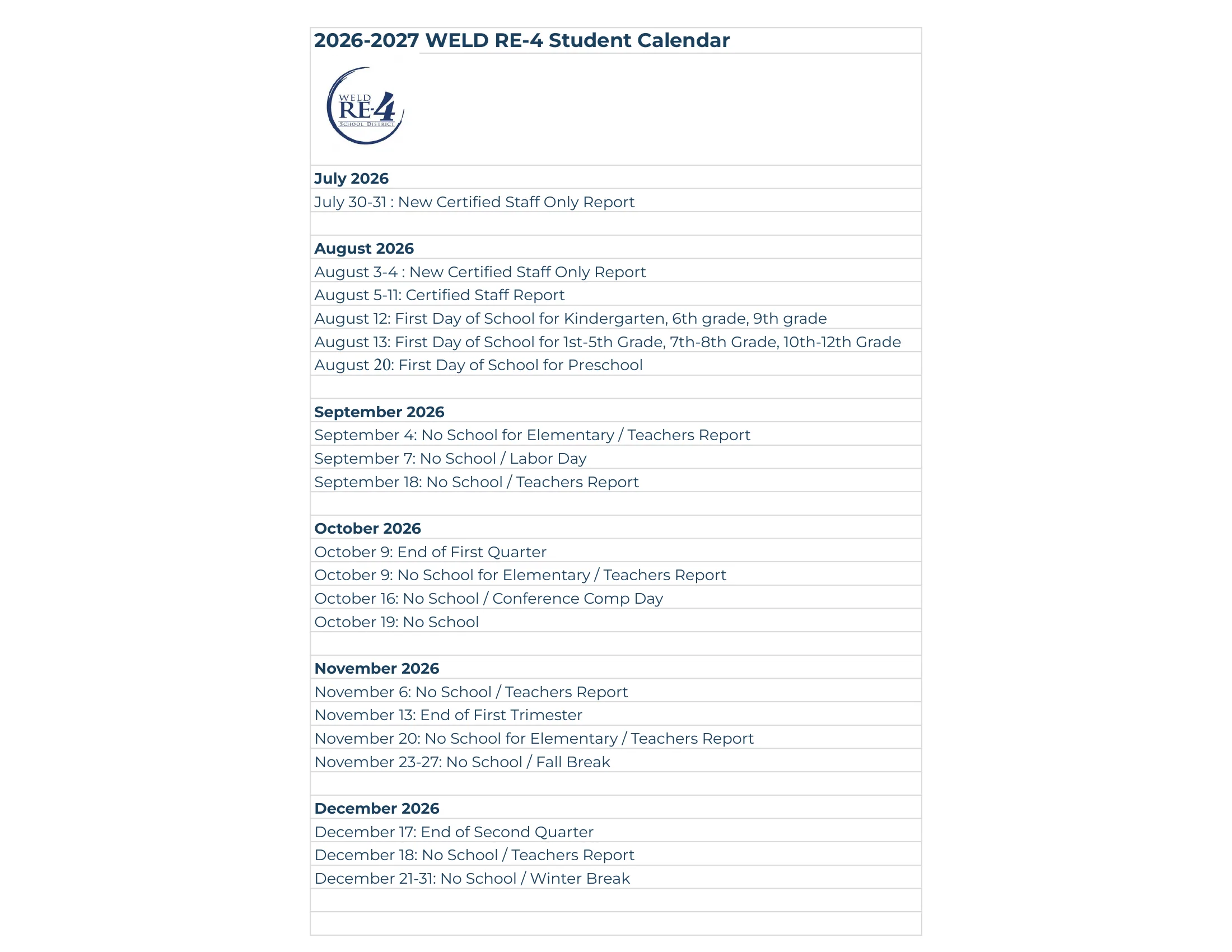 The Weld RE-4 2026-2027 Student Calendar: month grids from July 2026 to June 2027 shaded by a legend (new certified staff only, student contact days, no students or staff, no school with teachers reporting, no elementary students, conference comp days) beside a list of important dates, followed by the month-by-month list of dates. Page 2 of 3.