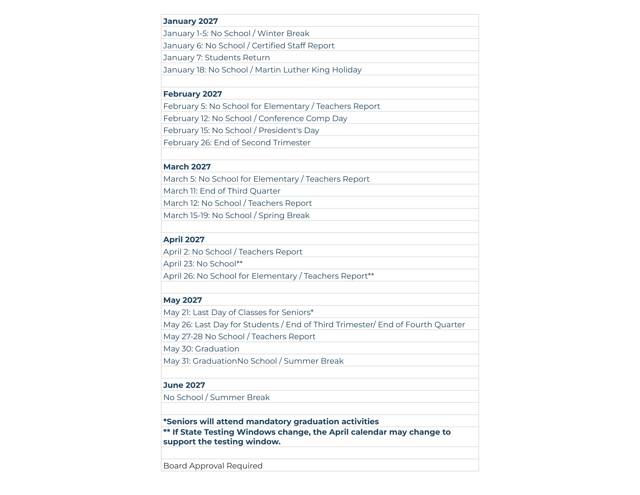 The Weld RE-4 2026-2027 Student Calendar: month grids from July 2026 to June 2027 shaded by a legend (new certified staff only, student contact days, no students or staff, no school with teachers reporting, no elementary students, conference comp days) beside a list of important dates, followed by the month-by-month list of dates. Page 3 of 3.