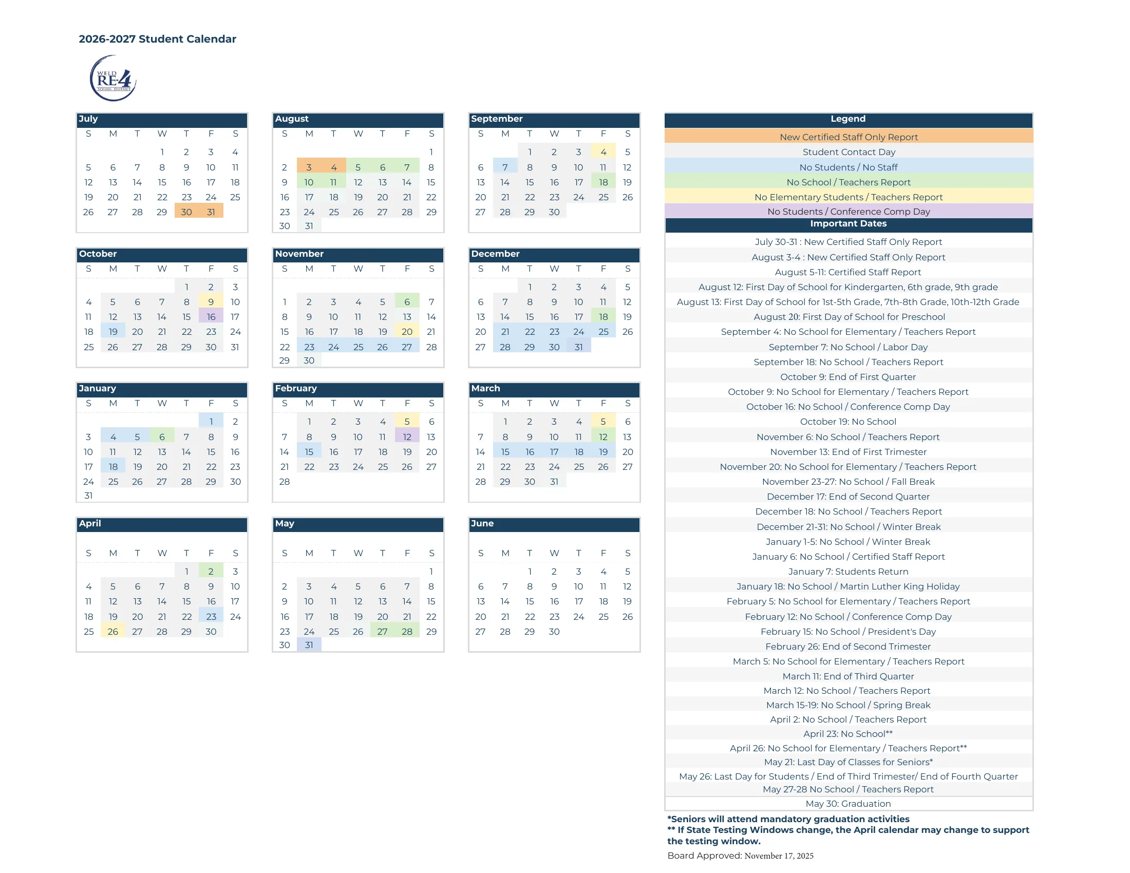 The Weld RE-4 2026-2027 Student Calendar: month grids from July 2026 to June 2027 shaded by a legend (new certified staff only, student contact days, no students or staff, no school with teachers reporting, no elementary students, conference comp days) beside a list of important dates, followed by the month-by-month list of dates.