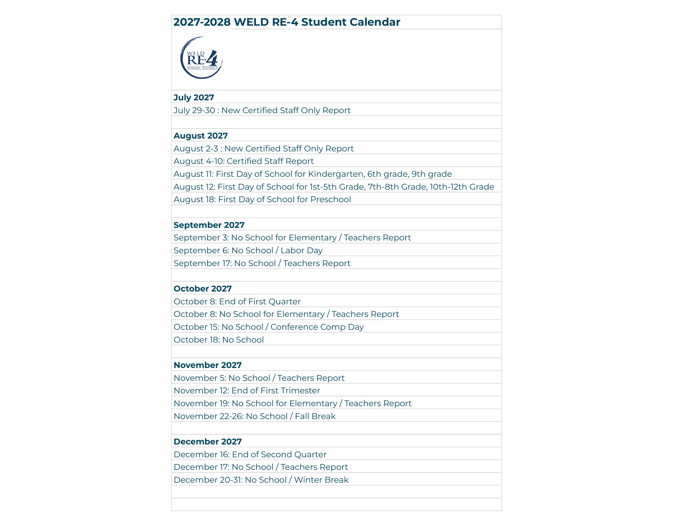 The Weld RE-4 2027-2028 Student Calendar: month grids from July 2027 to June 2028 shaded by a legend (new certified staff only, student contact days, no students or staff, no school with teachers reporting, no elementary students, conference comp days) beside a list of important dates, followed by the month-by-month list of dates. Page 2 of 3.