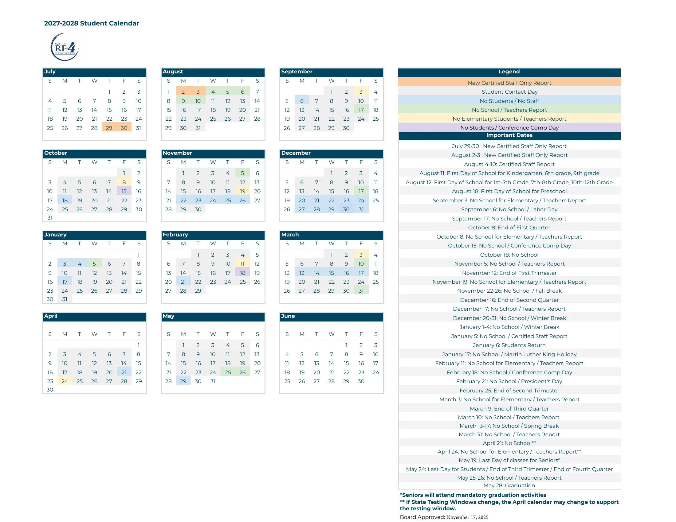 The Weld RE-4 2027-2028 Student Calendar: month grids from July 2027 to June 2028 shaded by a legend (new certified staff only, student contact days, no students or staff, no school with teachers reporting, no elementary students, conference comp days) beside a list of important dates, followed by the month-by-month list of dates.
