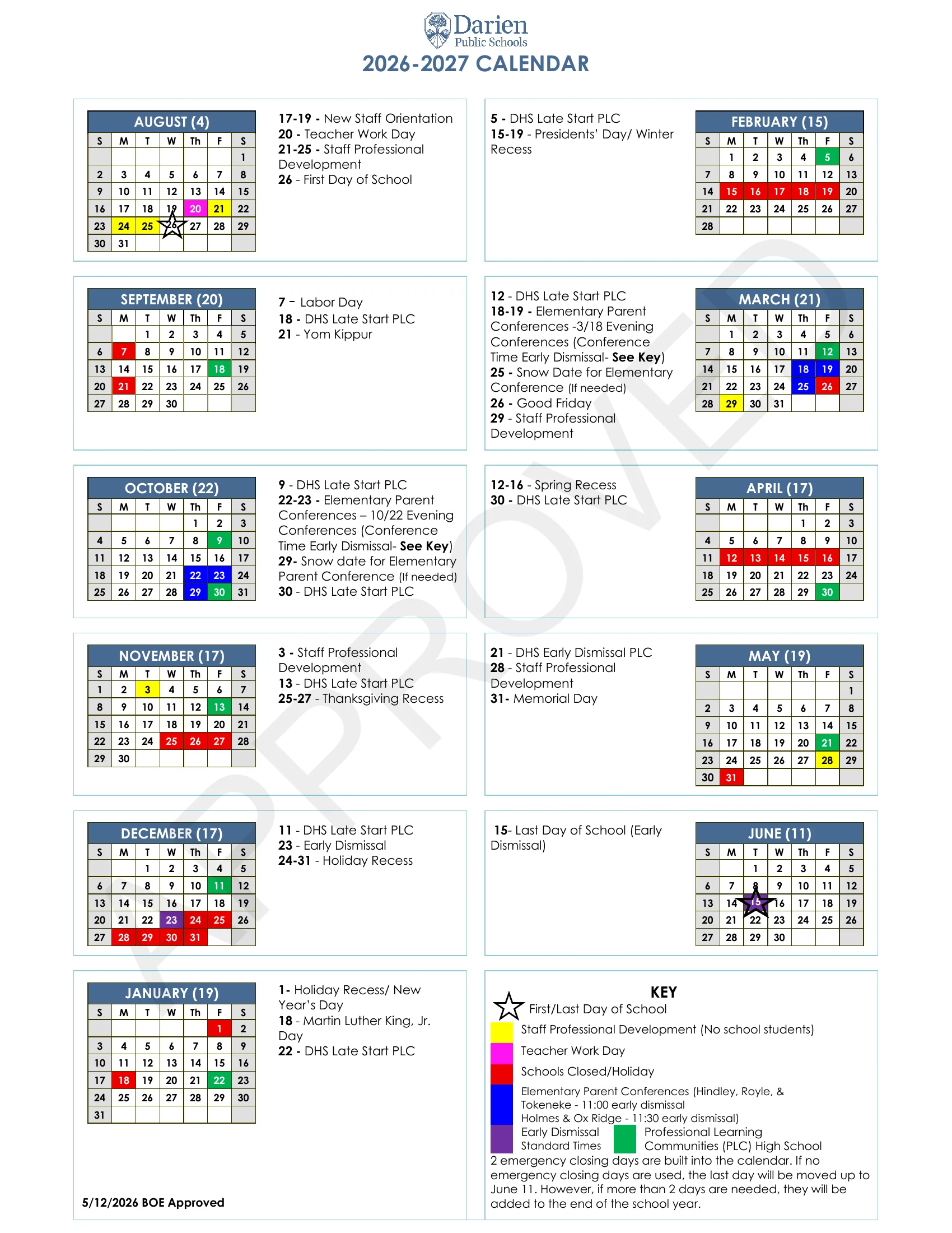 The Darien Public Schools 2026-2027 calendar: month grids from August 2026 to June 2027 with school-day counts in each month's title, closed days in red, staff development days in yellow, a teacher workday in magenta, elementary conference days in blue, high school PLC days in green and early dismissals in purple, each month's dates listed beside its grid, and a key.