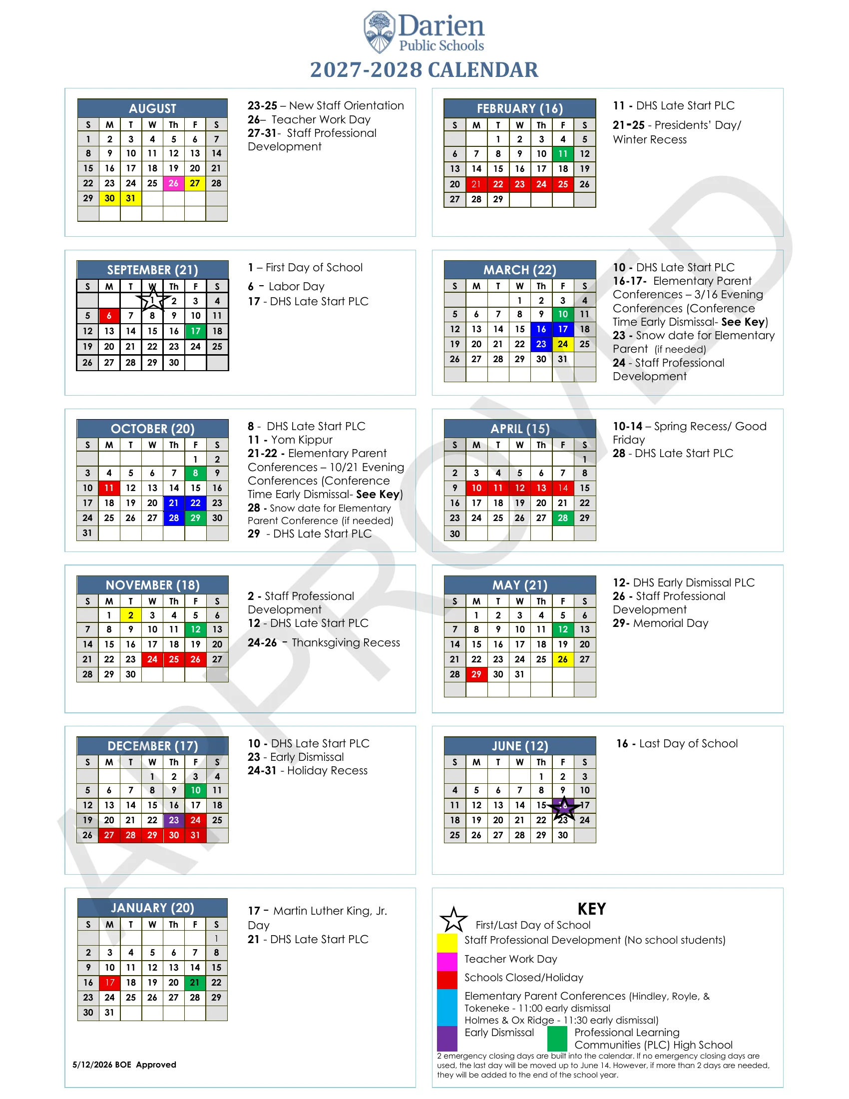 The Darien Public Schools 2027-2028 calendar: month grids from August 2027 to June 2028 with school-day counts in each month's title, closed days in red, staff development days in yellow, a teacher workday in magenta, elementary conference days in blue, high school PLC days in green and early dismissals in purple, each month's dates listed beside its grid, and a key.