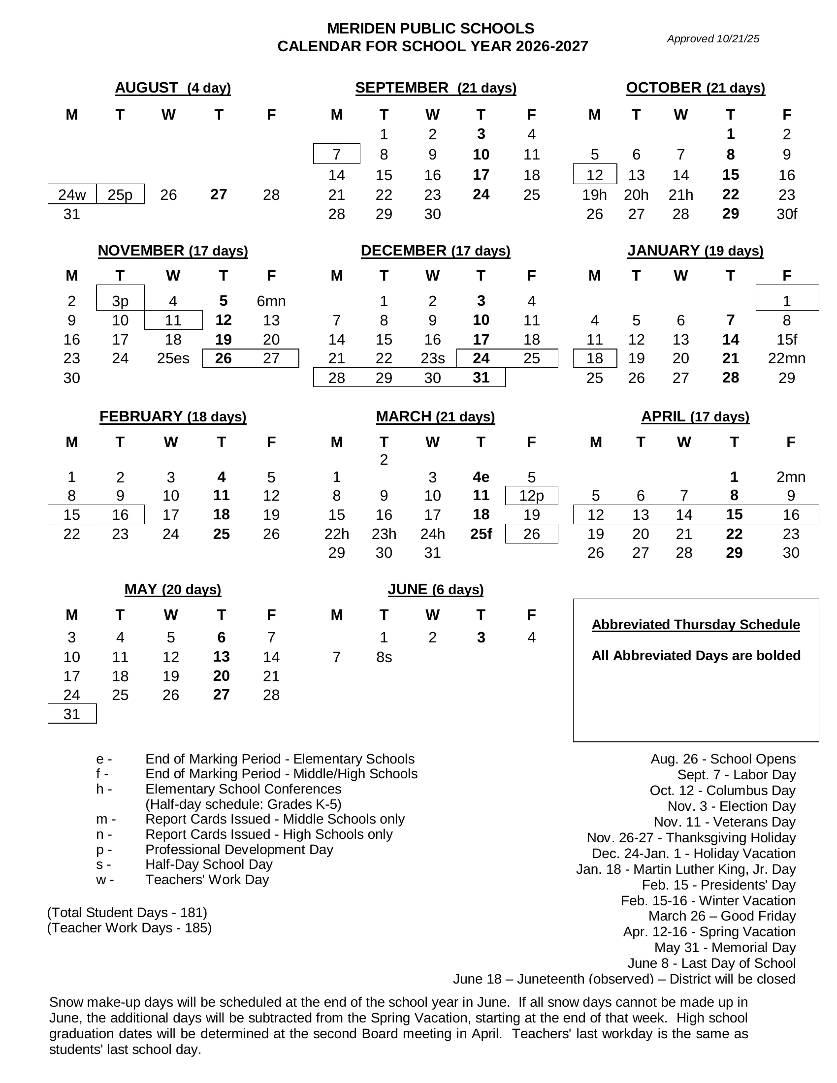 The Meriden Public Schools calendar for school year 2026-2027: weekday month grids from August 2026 to June 2027 with the school days in each month, days off boxed, abbreviated Thursdays in bold, letter codes for marking periods, conferences, report cards, professional development and half days, and a list of holidays and vacations.