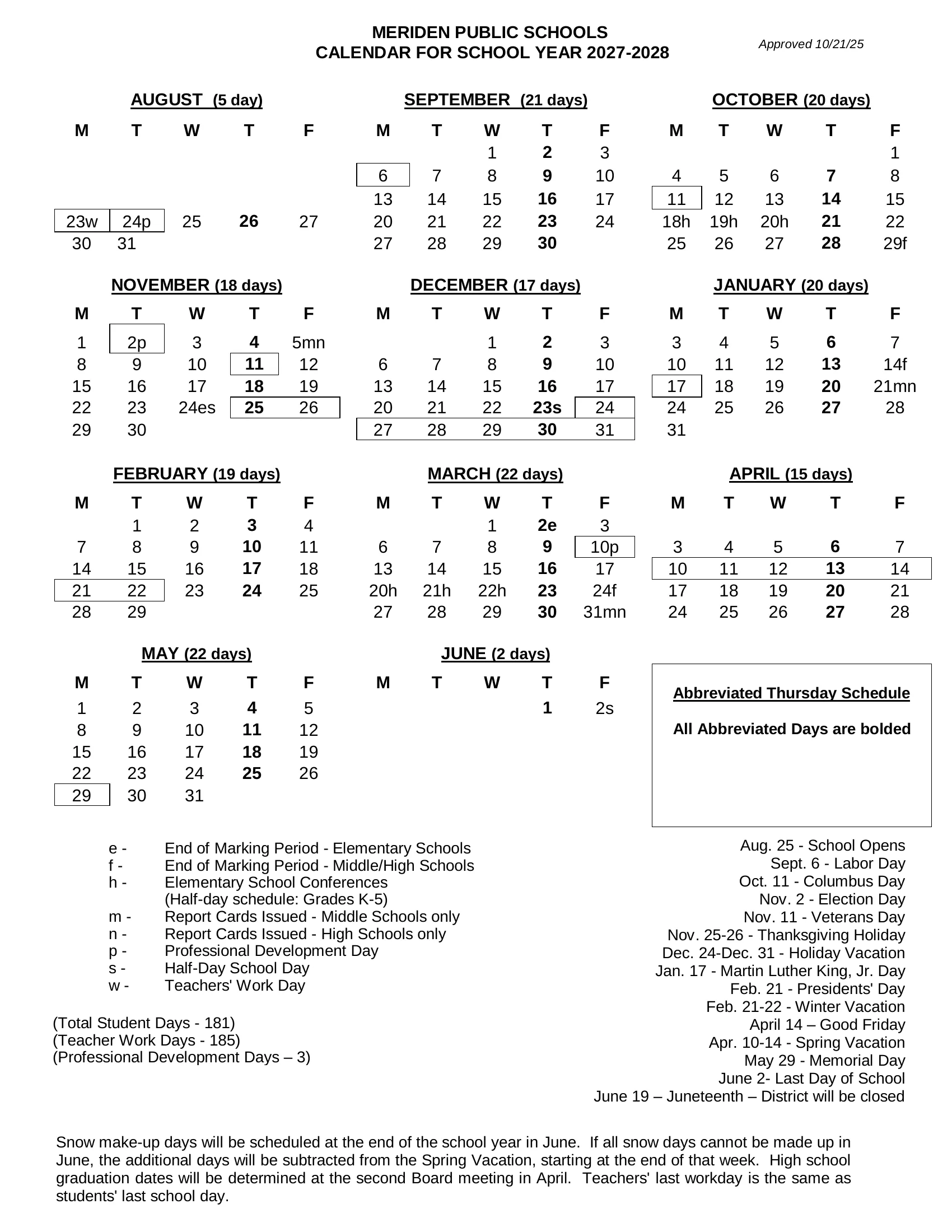 The Meriden Public Schools calendar for school year 2027-2028: weekday month grids from August 2027 to June 2028 with the school days in each month, days off boxed, abbreviated Thursdays in bold, letter codes for marking periods, conferences, report cards, professional development and half days, and a list of holidays and vacations.