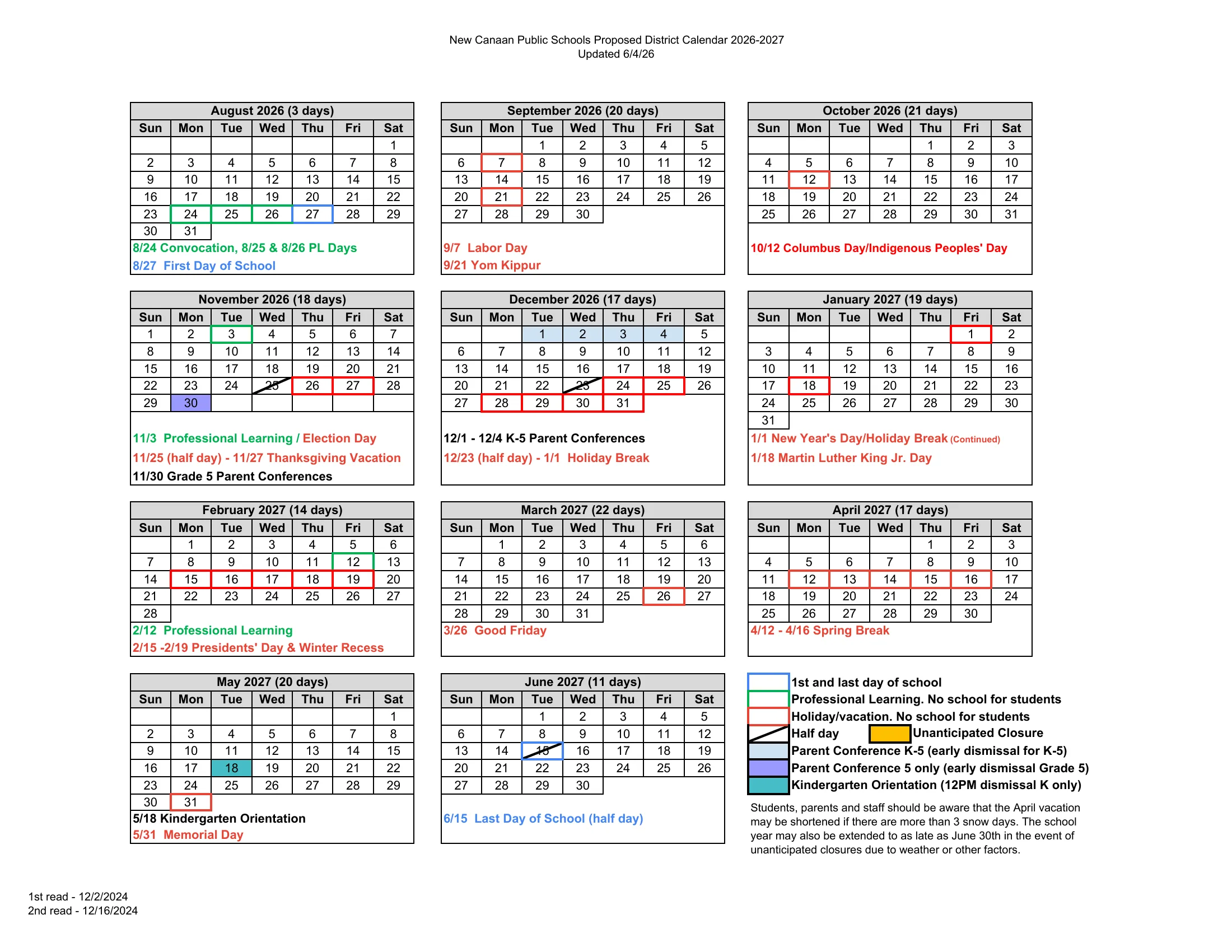 The New Canaan Public Schools 2026-27 calendar, updated 6/4/26: month grids from August 2026 to June 2027 with school-day counts in each month's heading, red boxes for holidays and vacations, green for professional learning days, blue for the first and last day, slashed half days, shaded parent conference and kindergarten orientation days, and a legend with the snow day rule.