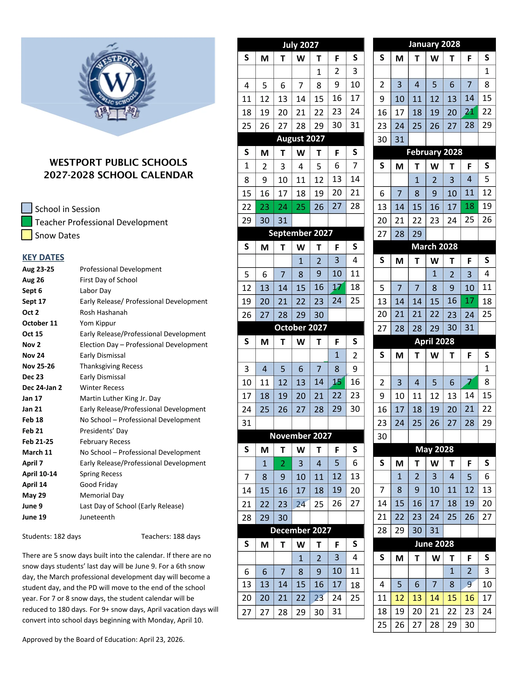 The Westport Public Schools 2027-2028 School Calendar: month grids from July 2027 to June 2028 with school days in light blue, teacher professional development days in green, early release days split blue and green or half shaded, and snow dates June 12 to 16 in yellow, beside a Key Dates list, the student and teacher day counts and the snow day rules.