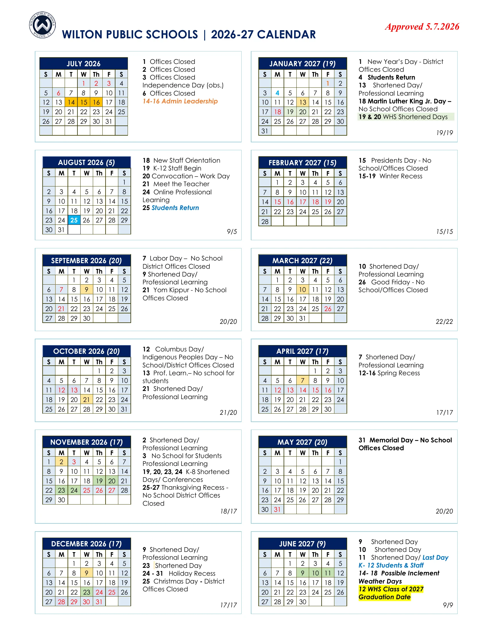 The Wilton Public Schools 2026-27 calendar: month grids from July 2026 to June 2027 with no-school days in red, shortened days in yellow and green and the first day in blue, notes and school-day counts beside each month; page 2 has the marking periods, emergency closing rule, school hours and a list of holidays and heritage months.
