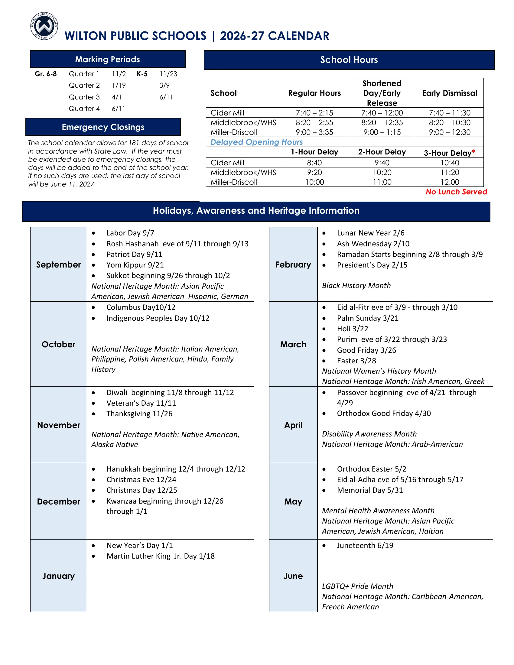 The Wilton Public Schools 2026-27 calendar: month grids from July 2026 to June 2027 with no-school days in red, shortened days in yellow and green and the first day in blue, notes and school-day counts beside each month; page 2 has the marking periods, emergency closing rule, school hours and a list of holidays and heritage months. Page 2 of 2.