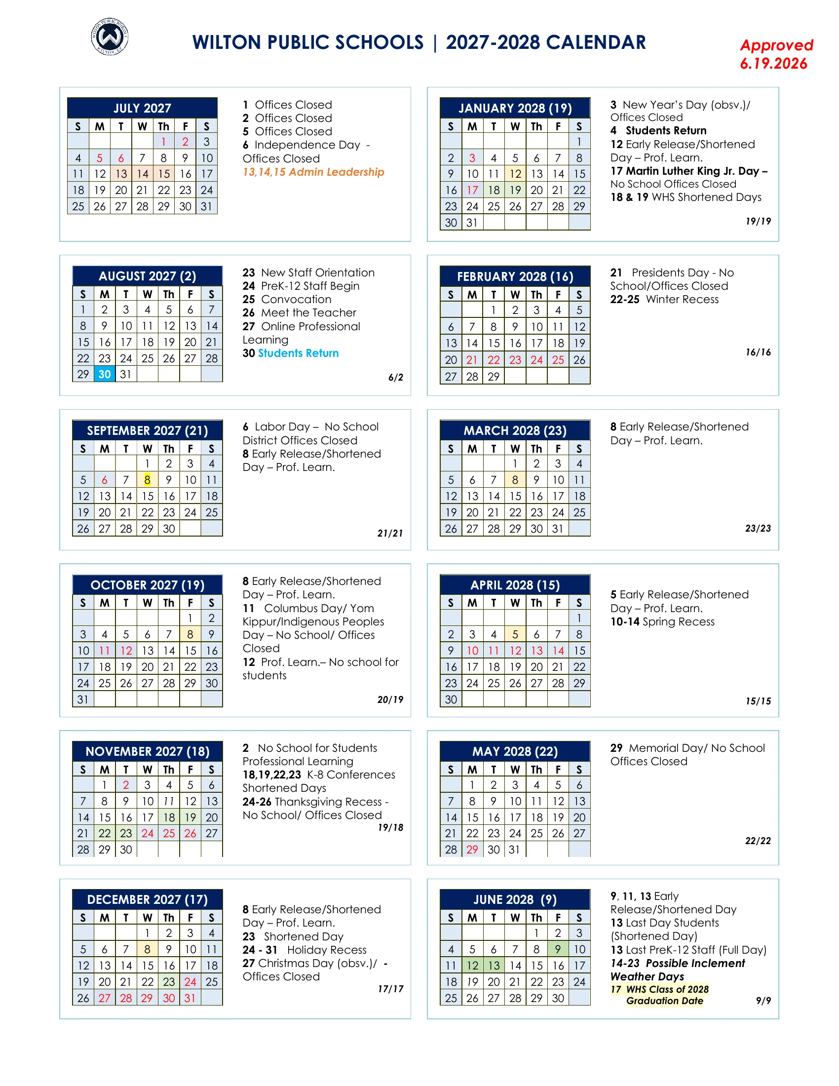 The Wilton Public Schools 2027-28 calendar: month grids from July 2027 to June 2028 with no-school days in red, shortened days in yellow and green and the first day in blue, notes and school-day counts beside each month; page 2 has the marking periods, emergency closing rule, school hours and a list of holidays and heritage months.