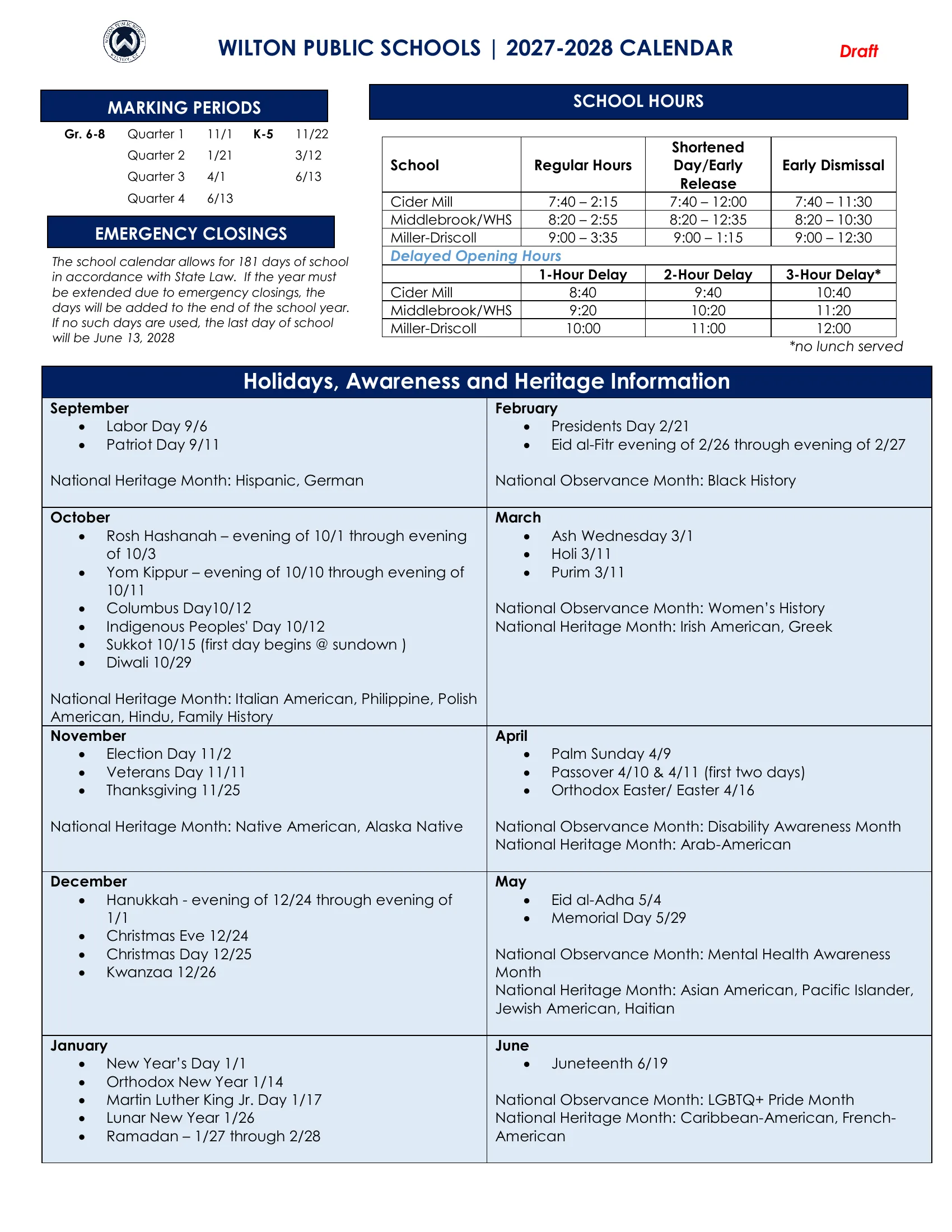 The Wilton Public Schools 2027-28 calendar: month grids from July 2027 to June 2028 with no-school days in red, shortened days in yellow and green and the first day in blue, notes and school-day counts beside each month; page 2 has the marking periods, emergency closing rule, school hours and a list of holidays and heritage months. Page 2 of 2.