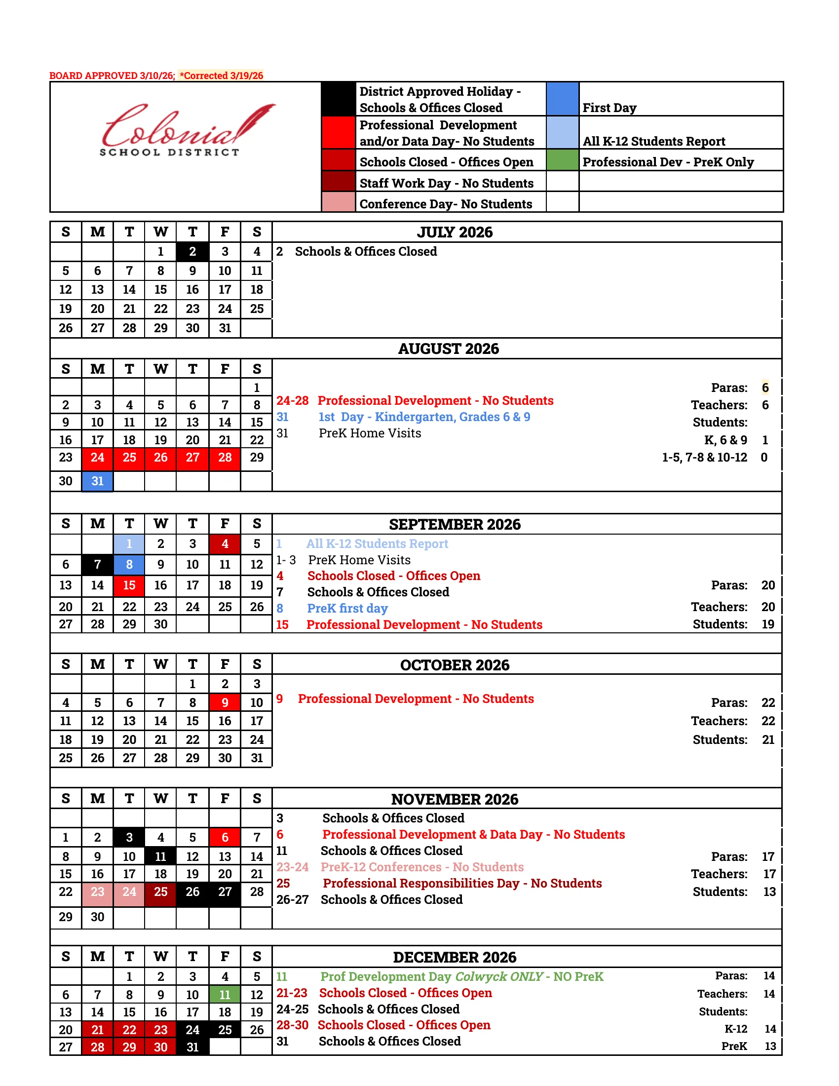 The Colonial School District 2026-27 calendar on two pages: month grids from July 2026 to June 2027 with holidays in black, professional development and data days in red, schools-closed days in dark red, conference days in pink, the first and last days in blue, each month's dates listed beside its grid with the paras, teachers and students day counts.