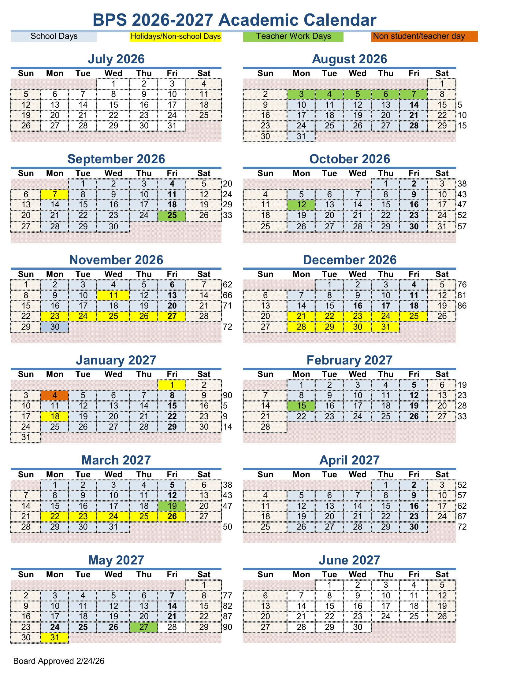 The BPS 2026-2027 Academic Calendar: twelve month grids from July 2026 to June 2027 with school days in light blue, holidays and non-school days in yellow, teacher work days in green and a non student or teacher day in orange, early release Fridays in bold, and a running count of school days beside each week.