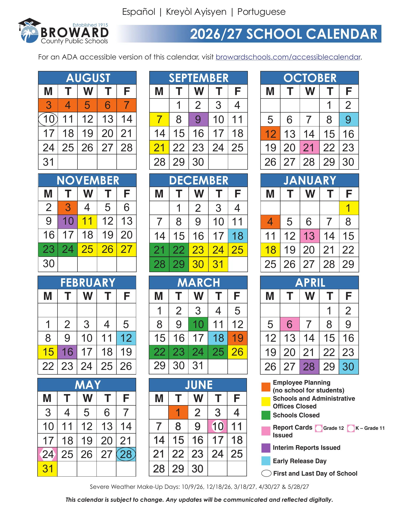 The Broward County Public Schools 2026/27 School Calendar: weekday grids from August 2026 to June 2027 with employee planning days in orange, schools and offices closed in yellow, schools closed in green, early release days in light blue, report card and interim report days in pink and purple, and the first and last day circled.