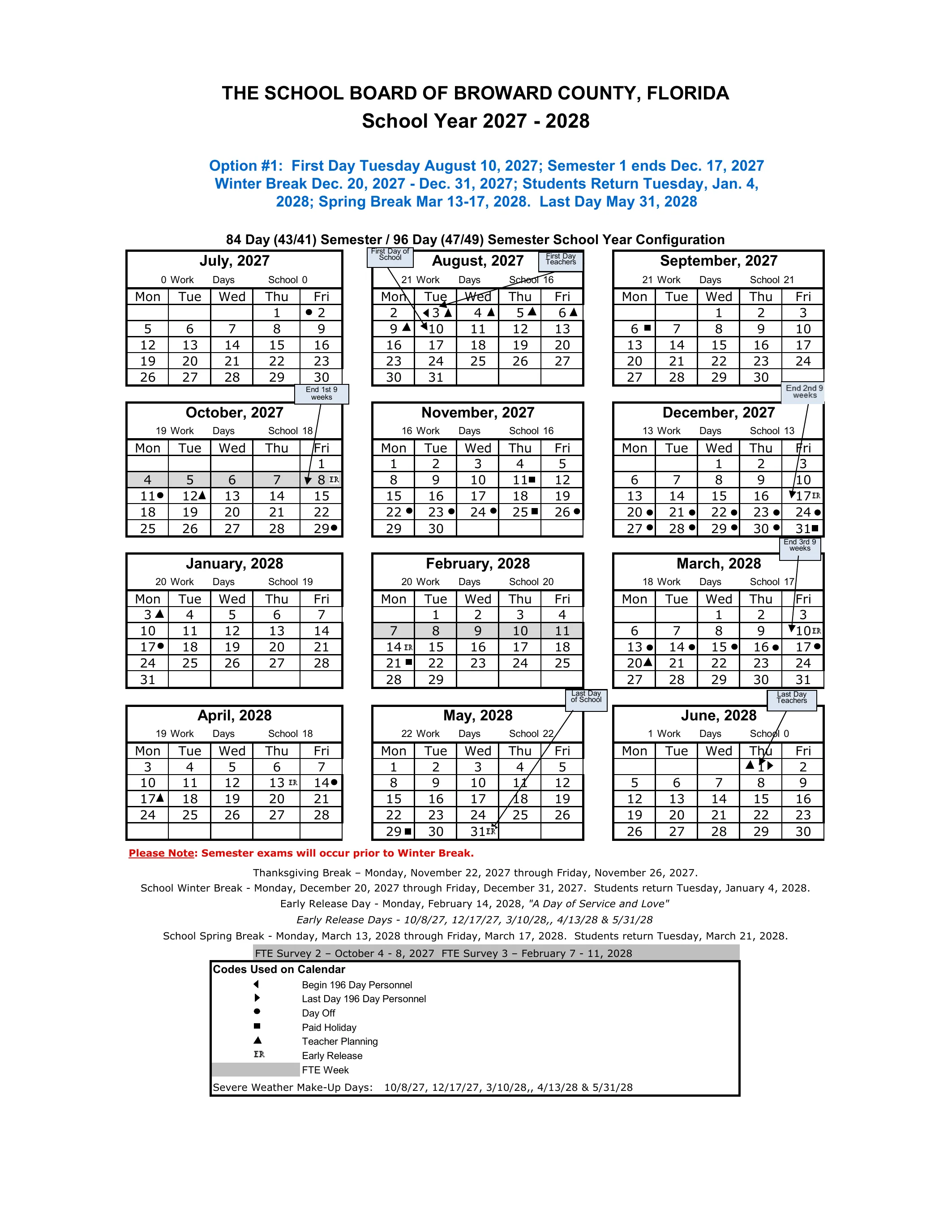 The Broward County Public Schools calendar for school year 2027-2028: weekday grids from July 2027 to June 2028 with each month's work days and school days, symbols for days off, paid holidays, teacher planning days and early release days, FTE weeks shaded, and notes on the breaks, early release days and severe weather makeup days.