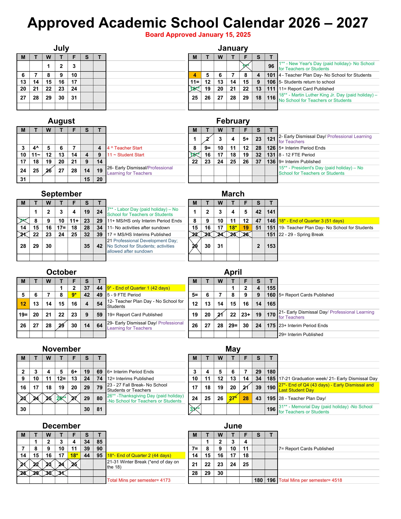The Collier County Public Schools Approved Academic School Calendar 2026-2027: month grids from July 2026 to June 2027 with running student and teacher day counts, days off crossed out, early dismissal days slashed, quarter ends in yellow, teacher plan days in orange, and notes for each month.