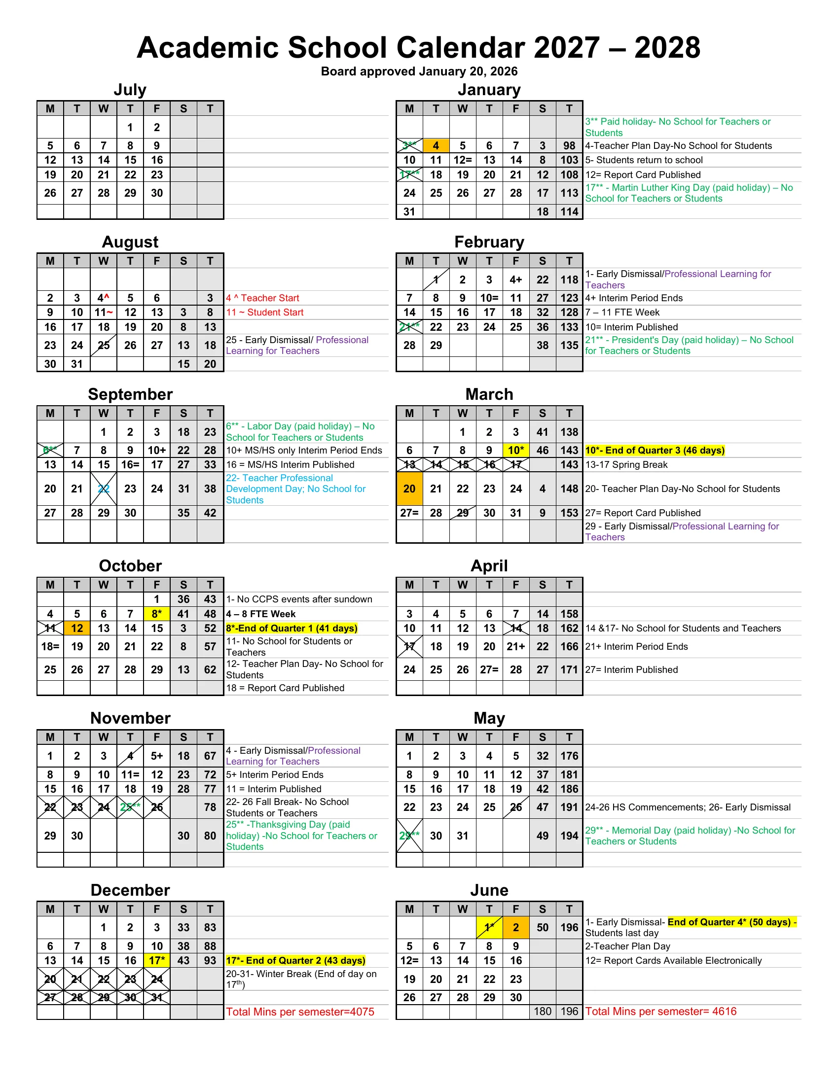 The Collier County Public Schools Academic School Calendar 2027-2028: month grids from July 2027 to June 2028 with running student and teacher day counts, days off crossed out, early dismissal days slashed, quarter ends in yellow, teacher plan days in orange, and notes for each month.
