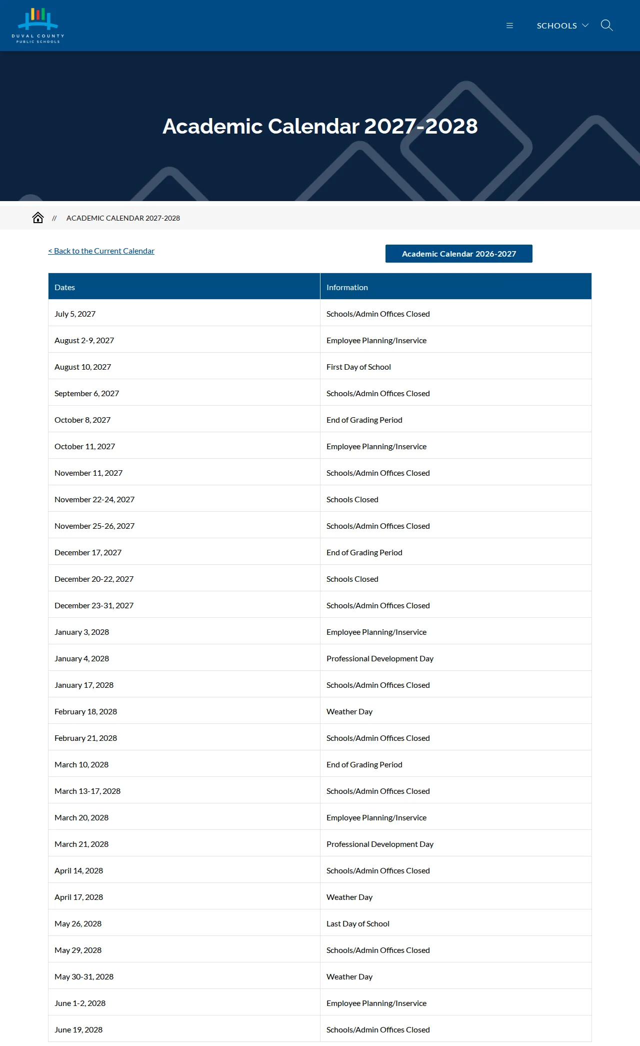 Our screenshot of the Duval County Public Schools Academic Calendar 2027-2028 web page: a two-column table of dates and what happens on each, from July 5, 2027 (Schools/Admin Offices Closed) to June 19, 2028, including the first day Aug. 10, school closings, employee planning and professional development days, grading period ends, weather days and the last day May 26.
