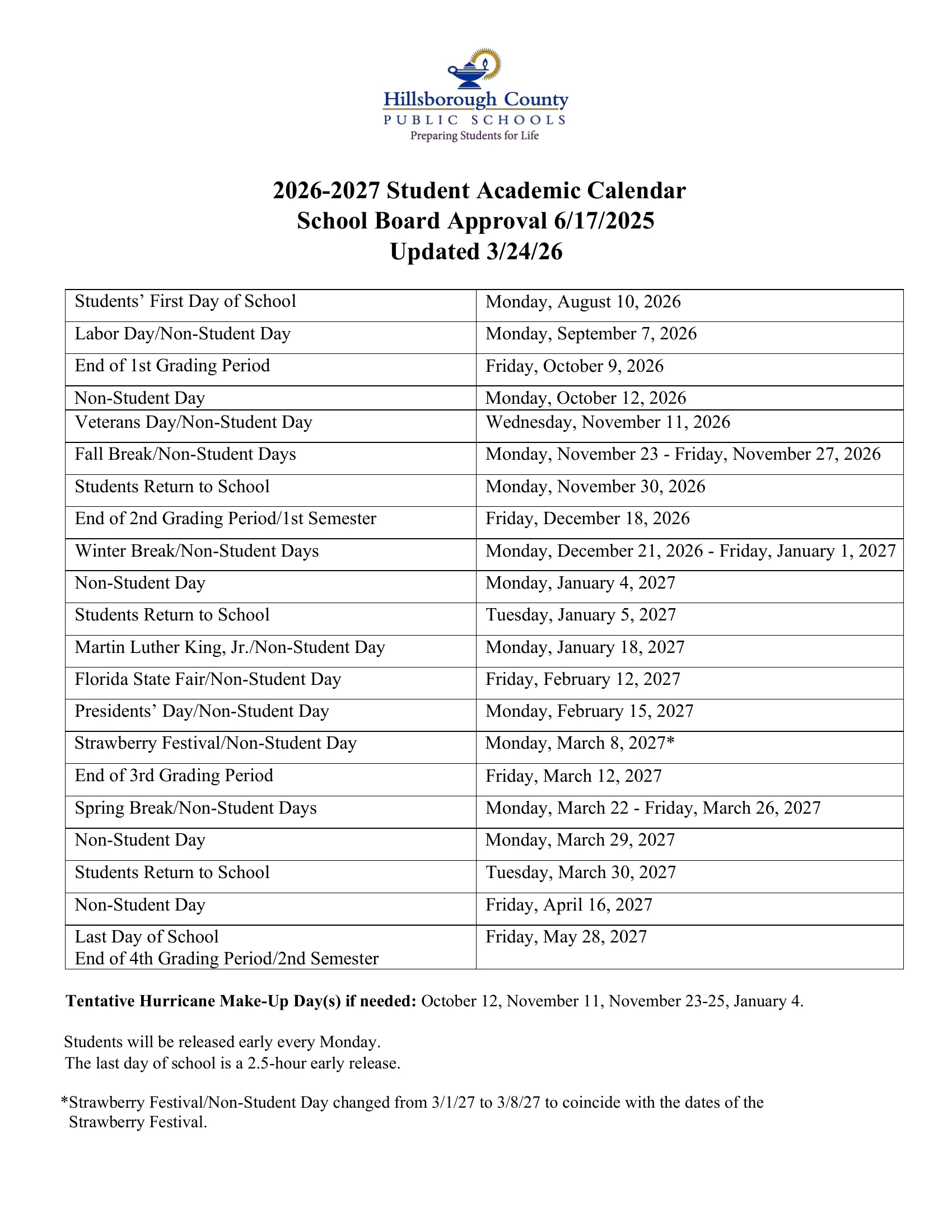 The Hillsborough County Public Schools 2026-2027 Student Academic Calendar: a one-page table of dates from the first day, Aug. 10, 2026, to the last day, May 28, 2027, with non-student days, breaks, grading period ends, tentative hurricane makeup days and the early release notes.