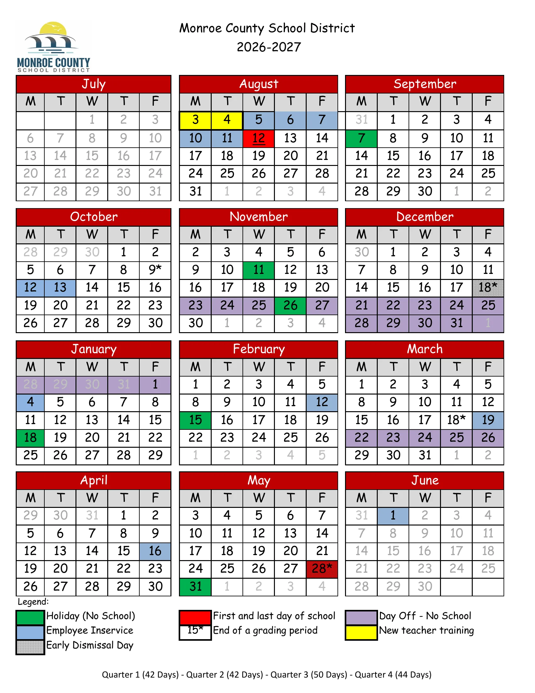 The Monroe County School District 2026-2027 school year calendar: month grids from July to June with holidays in green, employee inservice days in blue, days off in purple, new teacher training in yellow, the first and last days in red, early dismissal days dotted and grading period ends starred, quarter day counts below, and a second page listing the key dates.