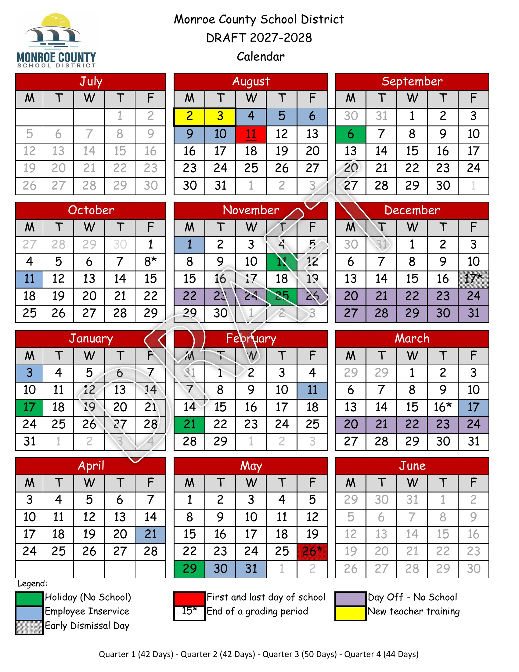 The Monroe County School District 2027-2028 school year calendar: month grids from July to June with holidays in green, employee inservice days in blue, days off in purple, new teacher training in yellow, the first and last days in red, early dismissal days dotted and grading period ends starred, quarter day counts below, and a second page listing the key dates.