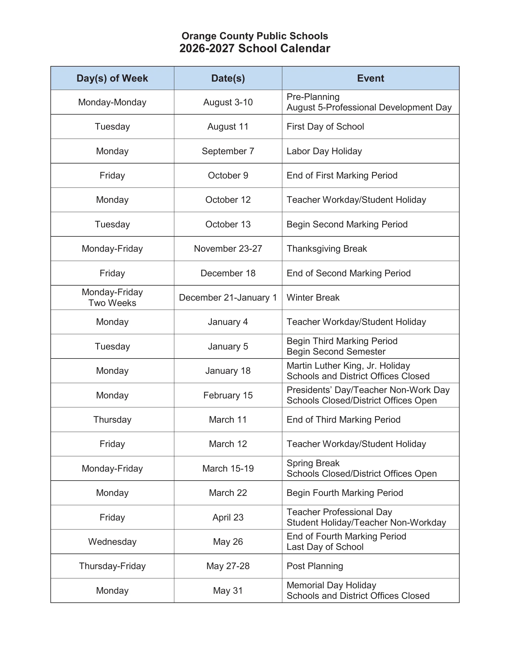 The Orange County Public Schools 2026-2027 School Calendar: a dated list of pre-planning, the first day, holidays, breaks, teacher workdays, marking periods, the last day and post planning, with a second page listing the severe weather makeup days in priority order.