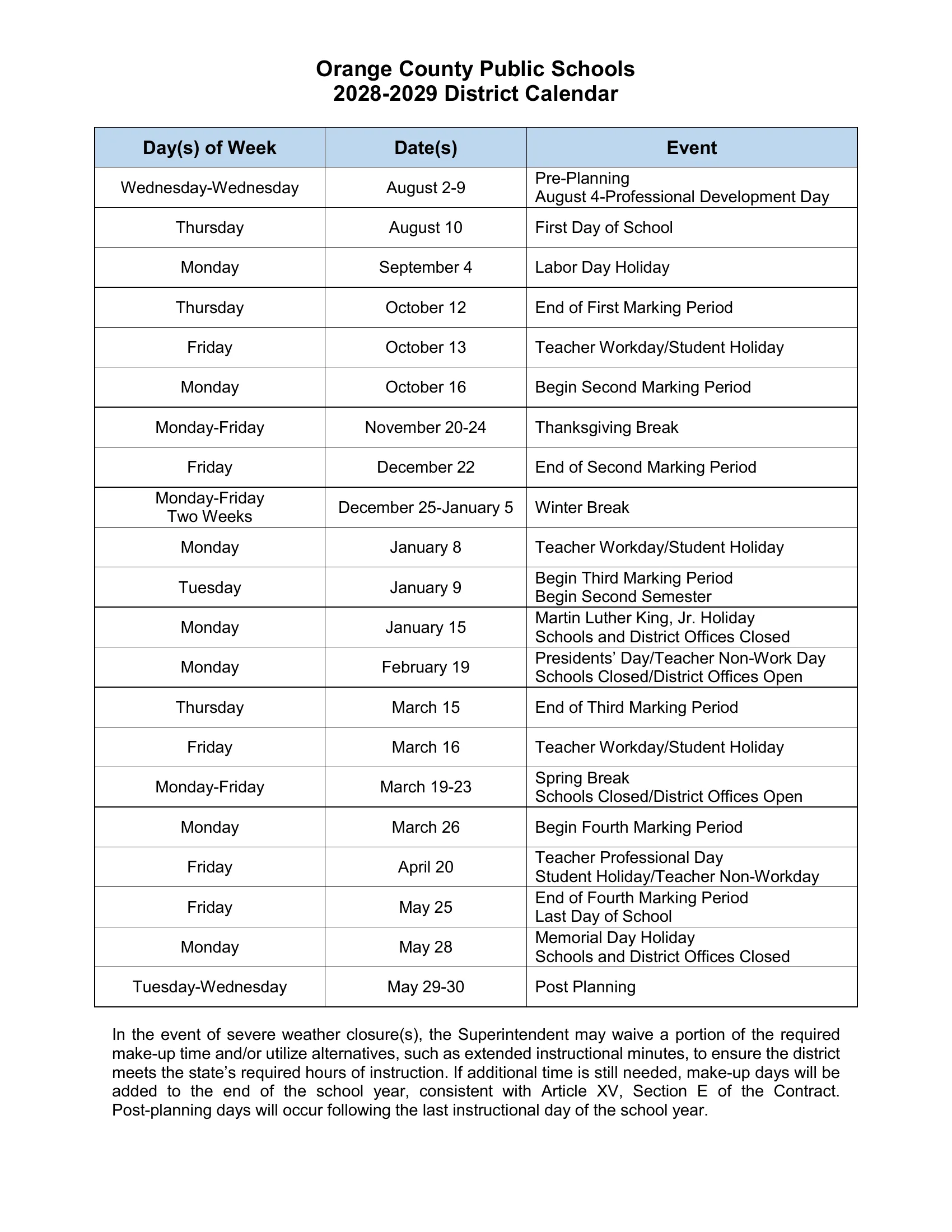 The Orange County Public Schools 2028-2029 District Calendar: a dated list of pre-planning, the first day, holidays, breaks, teacher workdays, marking periods, the last day and post planning, with a note on severe weather makeup time.