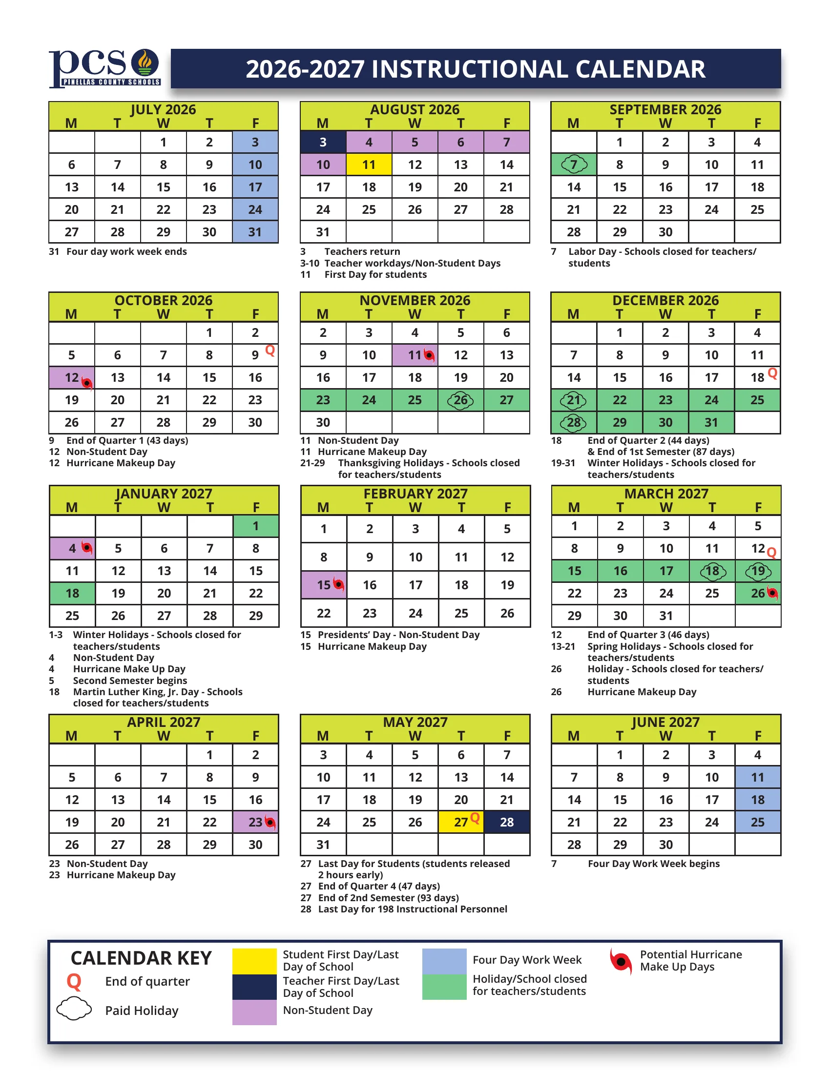 The Pinellas County Schools 2026-2027 Instructional Calendar: twelve weekday month grids from July 2026 to June 2027, with non-student days in purple, holidays and school closings in green, first and last days in yellow, potential hurricane makeup days marked with a hurricane symbol, quarter ends marked Q, paid holidays circled and the four-day work weeks in blue.