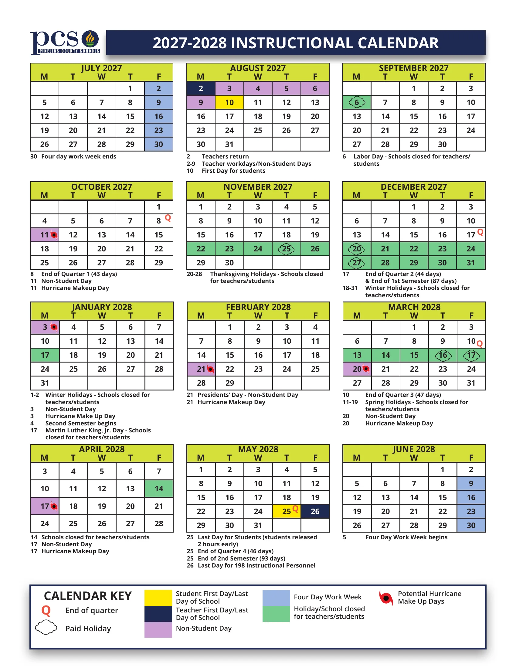 The Pinellas County Schools 2027-2028 Instructional Calendar: twelve weekday month grids from July 2027 to June 2028, with non-student days in purple, holidays and school closings in green, first and last days in yellow, potential hurricane makeup days marked with a hurricane symbol, quarter ends marked Q, paid holidays outlined with a cloud and the four-day work weeks in blue.