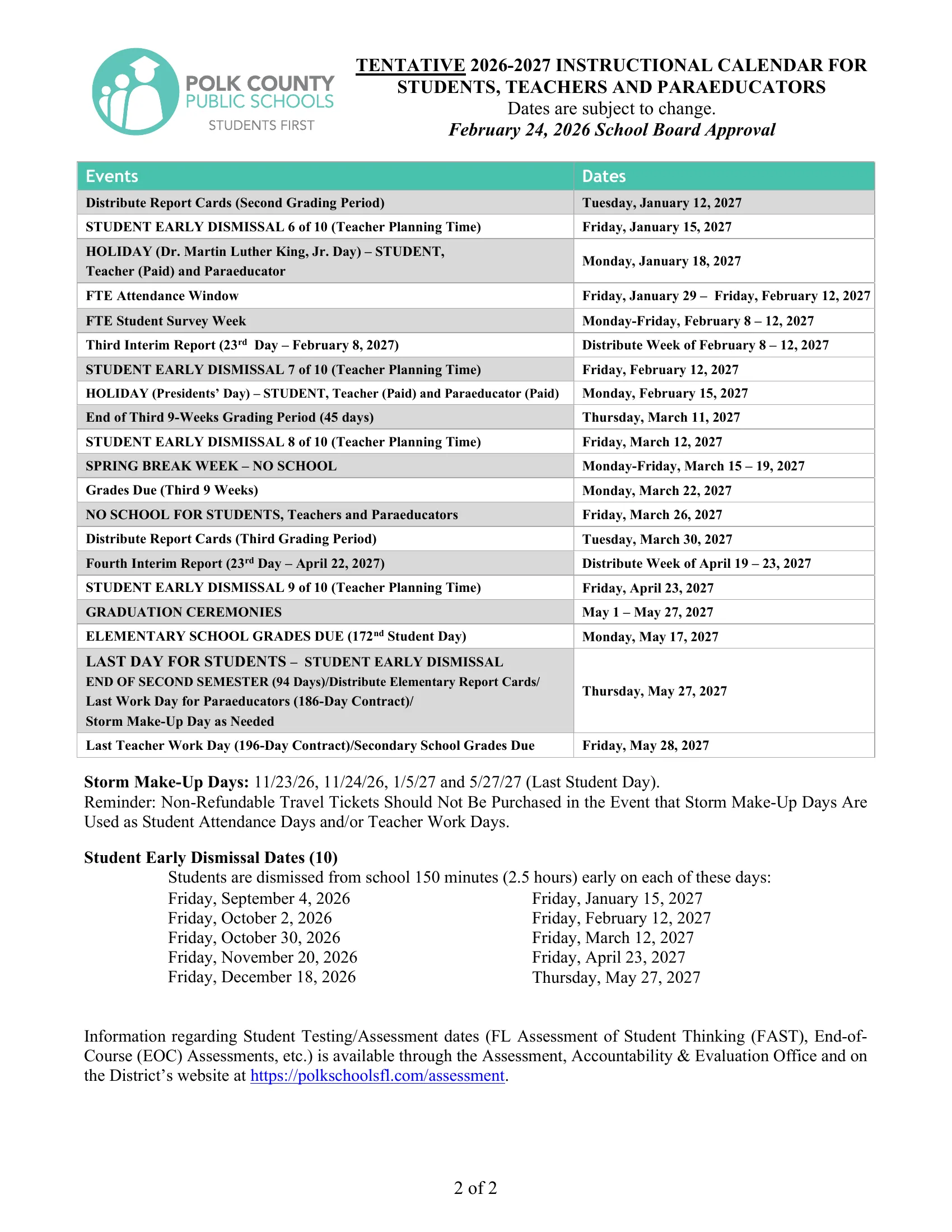The Polk County Public Schools 2026-2027 Instructional Calendar: a two-page dated table of events and dates for students, teachers and paraeducators, from teacher days in August to the last teacher workday in May, with storm makeup days, the ten student early dismissal dates and a note on testing dates. Page 2 of 2.
