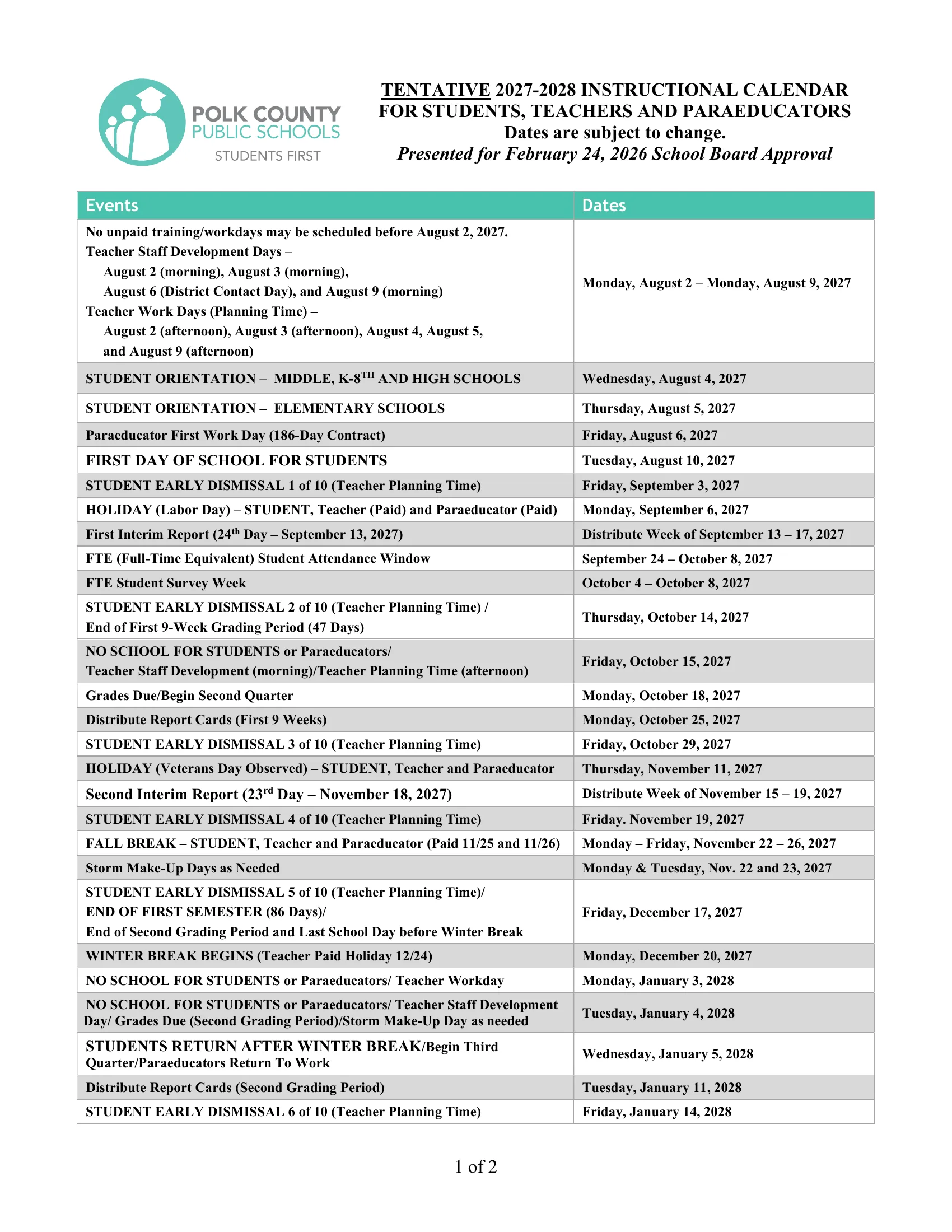 The Polk County Public Schools 2027-2028 Instructional Calendar: a two-page dated table of events and dates for students, teachers and paraeducators, from teacher days in August to the last teacher workday in May, with storm makeup days, the ten student early dismissal dates and a note on testing dates.