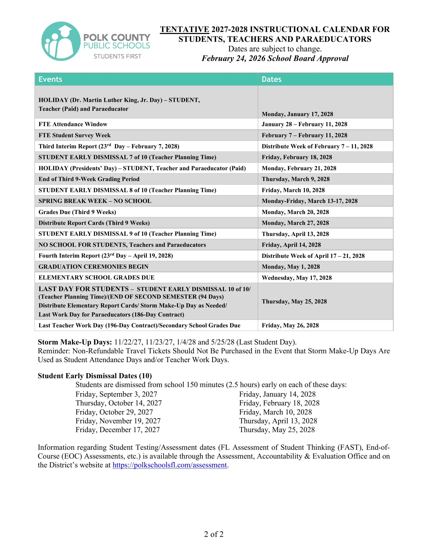 The Polk County Public Schools 2027-2028 Instructional Calendar: a two-page dated table of events and dates for students, teachers and paraeducators, from teacher days in August to the last teacher workday in May, with storm makeup days, the ten student early dismissal dates and a note on testing dates. Page 2 of 2.