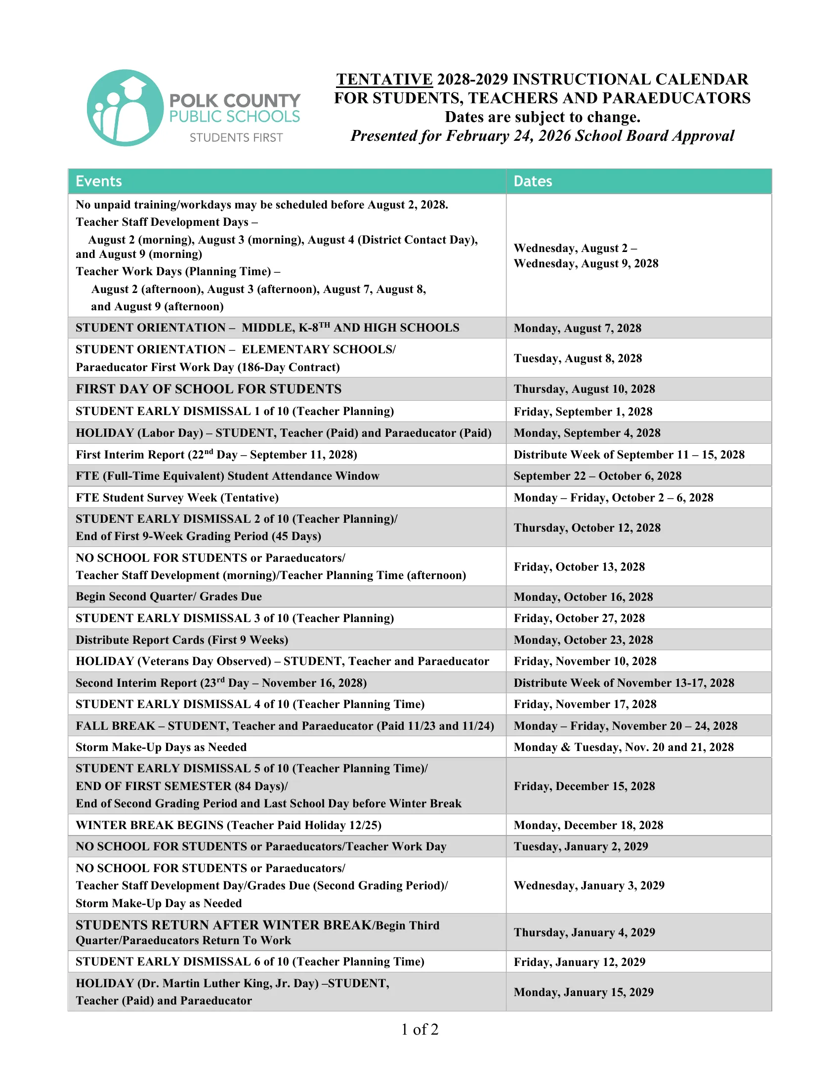 The Polk County Public Schools 2028-2029 Instructional Calendar: a two-page dated table of events and dates for students, teachers and paraeducators, from teacher days in August to the last teacher workday in May, with storm makeup days, the ten student early dismissal dates and a note on testing dates.