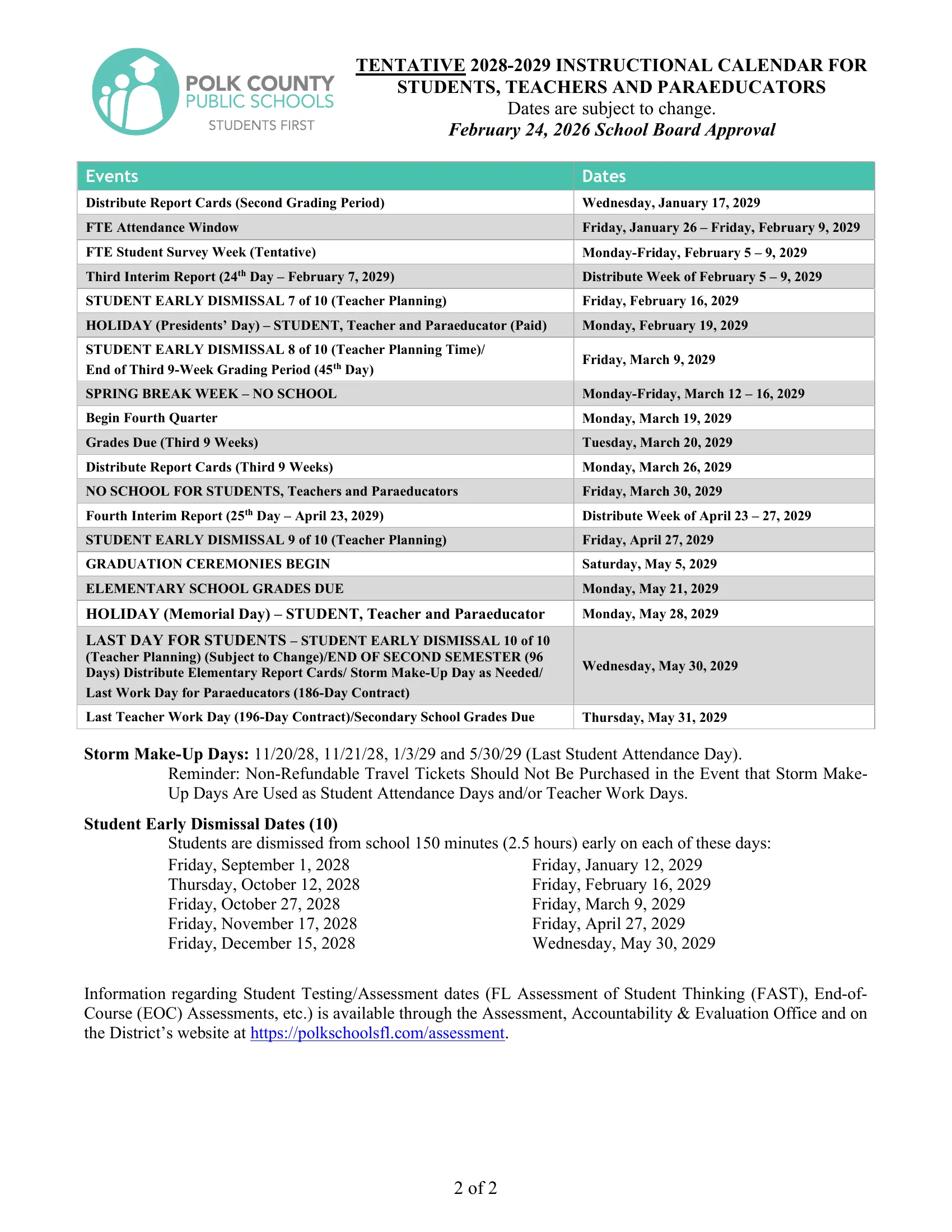 The Polk County Public Schools 2028-2029 Instructional Calendar: a two-page dated table of events and dates for students, teachers and paraeducators, from teacher days in August to the last teacher workday in May, with storm makeup days, the ten student early dismissal dates and a note on testing dates. Page 2 of 2.