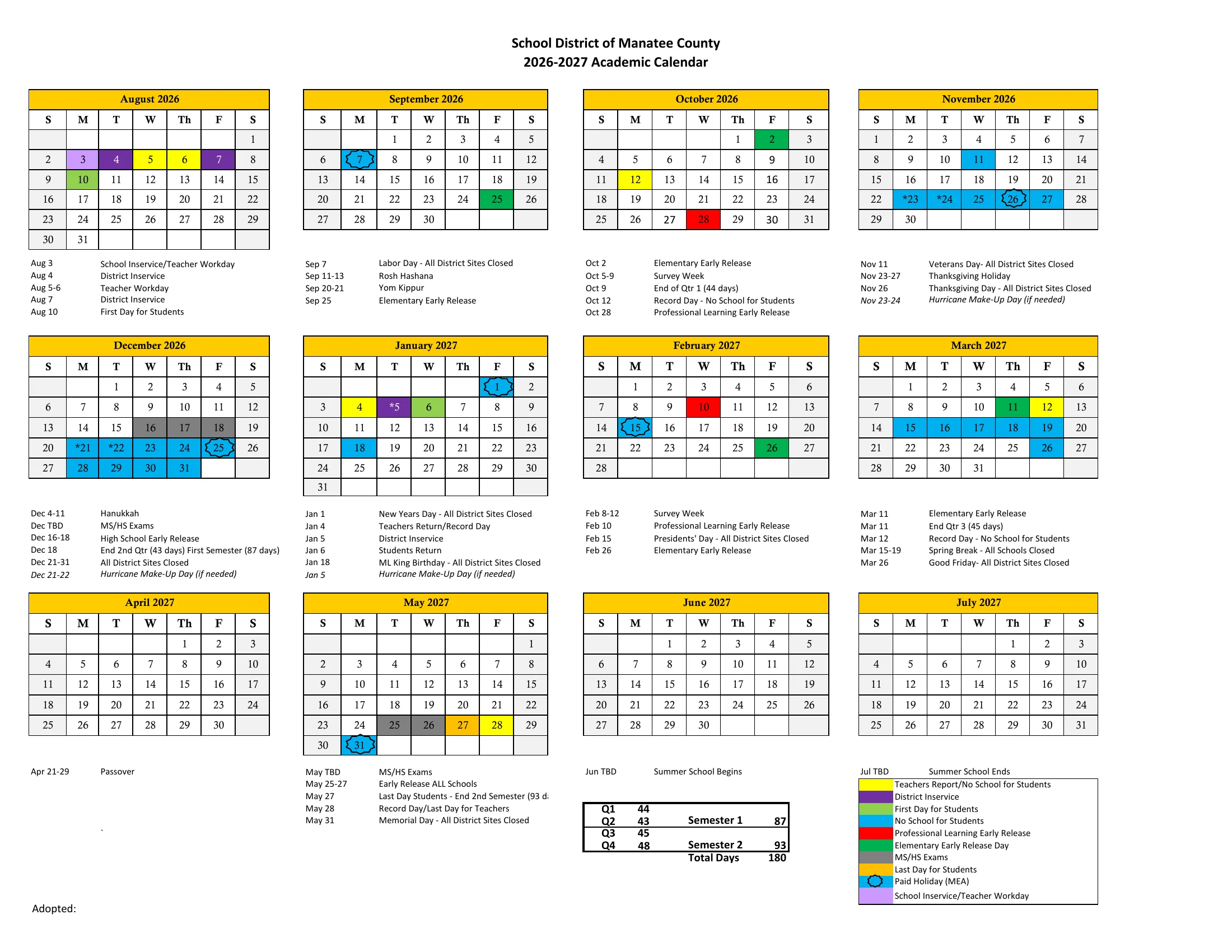 The School District of Manatee County 2026-2027 Academic Calendar: twelve month grids from August 2026 to July 2027 with days off in blue, early releases in red and green, exams in gray and staff days in yellow and purple, a list of dates under each month, the quarter and semester day counts and a color legend.