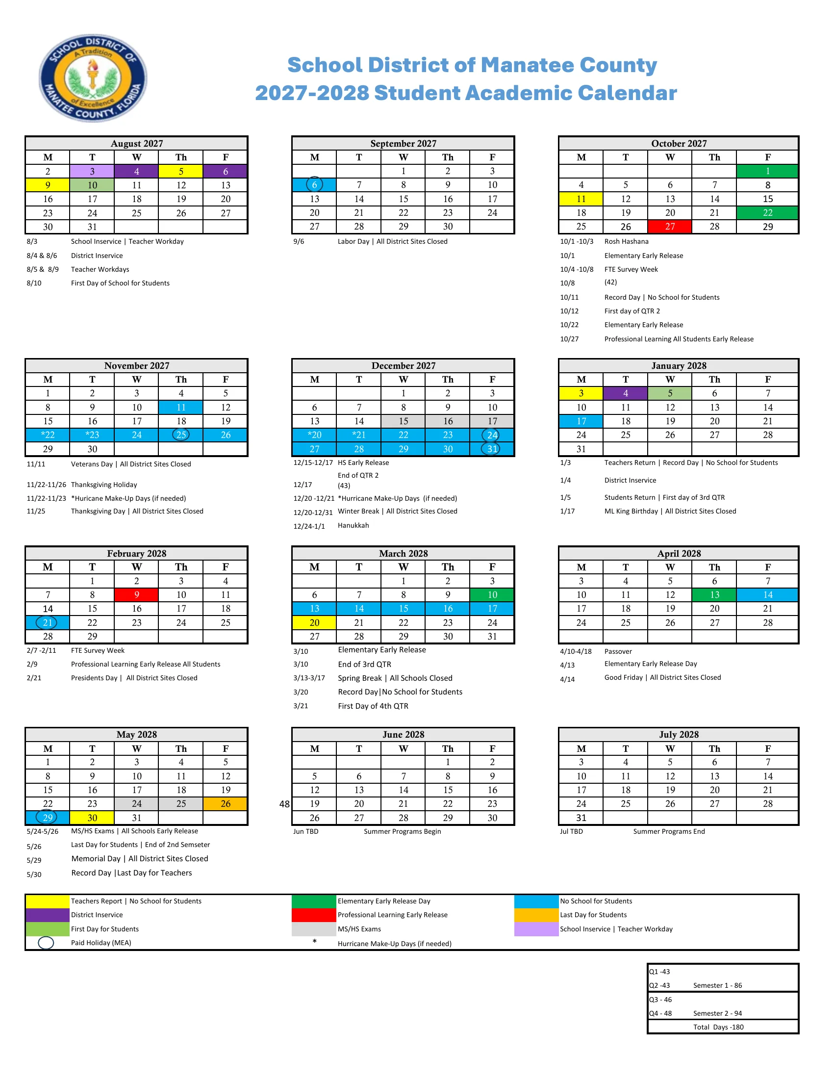 The School District of Manatee County 2027-2028 Student Academic Calendar: twelve weekday month grids from August 2027 to July 2028 with days off in blue, early releases in red and green, exams in gray and staff days in yellow and purple, a list of dates under each month, a color legend and the quarter and semester day counts.
