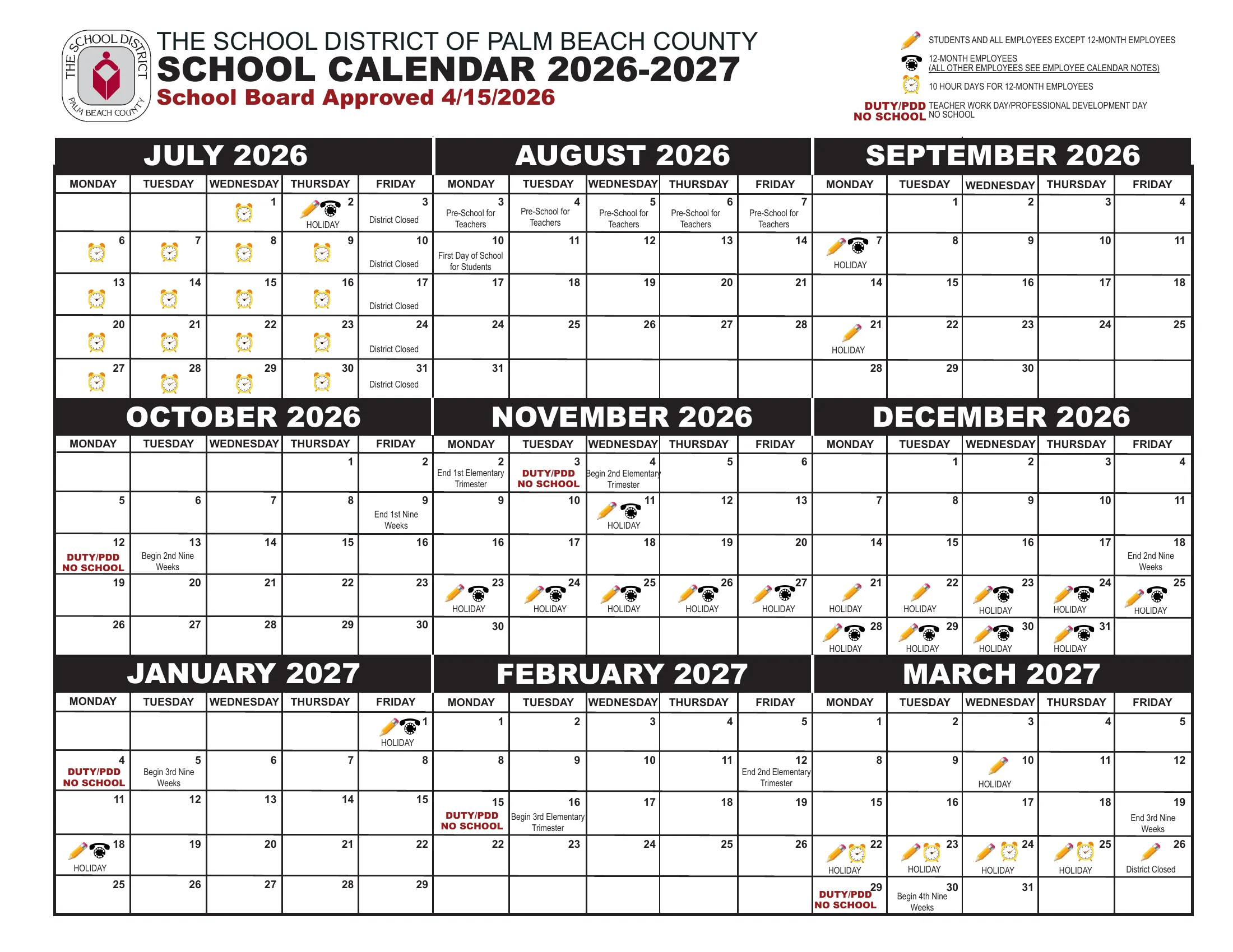 The School District of Palm Beach County School Calendar 2026-2027, two pages: month grids from July 2026 to June 2027 with holidays marked by a pencil icon for students, duty and professional development days marked in red as no school, and tables of holidays, teacher workdays, elementary trimesters, secondary quarters and semesters, and employee contract periods.
