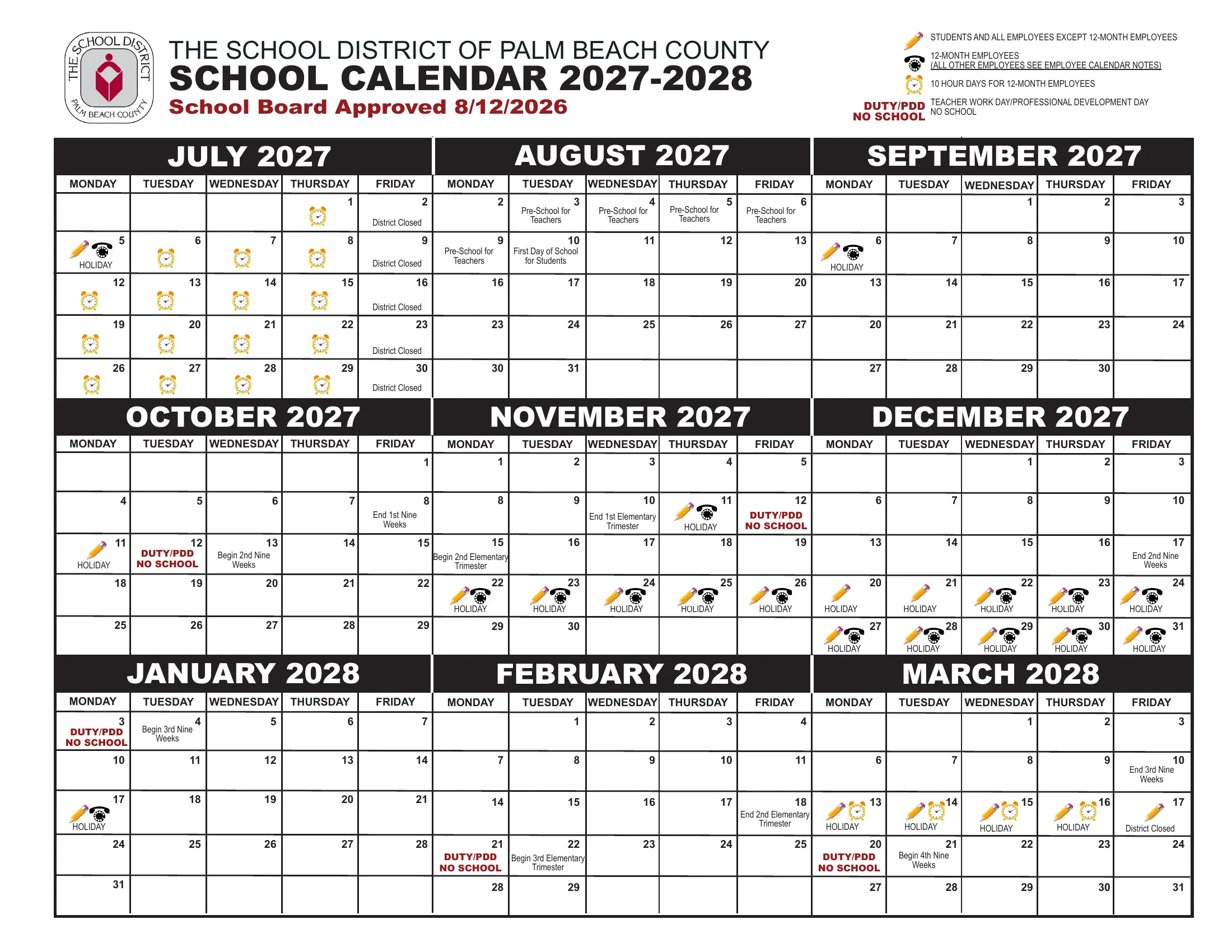 The School District of Palm Beach County School Calendar 2027-2028, two pages: month grids from July 2027 to June 2028 with holidays marked by a pencil icon for students, duty and professional development days marked in red as no school, and tables of holidays, teacher workdays, elementary trimesters, secondary quarters and semesters, and employee contract periods.