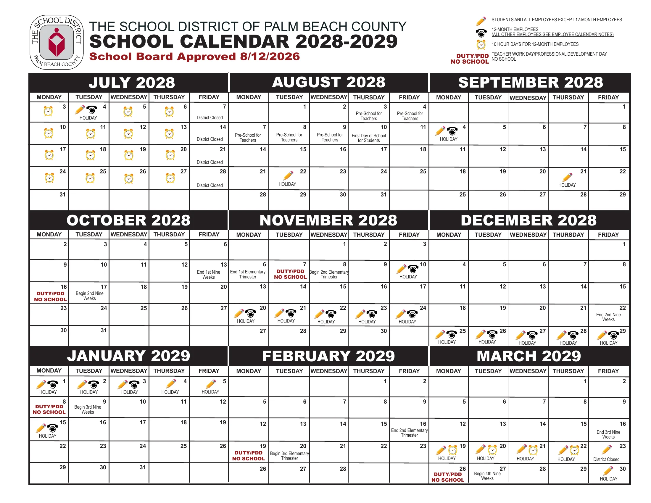 The School District of Palm Beach County School Calendar 2028-2029, two pages: month grids from July 2028 to June 2029 with holidays marked by a pencil icon for students, duty and professional development days marked in red as no school, and tables of holidays, teacher workdays, elementary trimesters, secondary quarters and semesters, and employee contract periods.