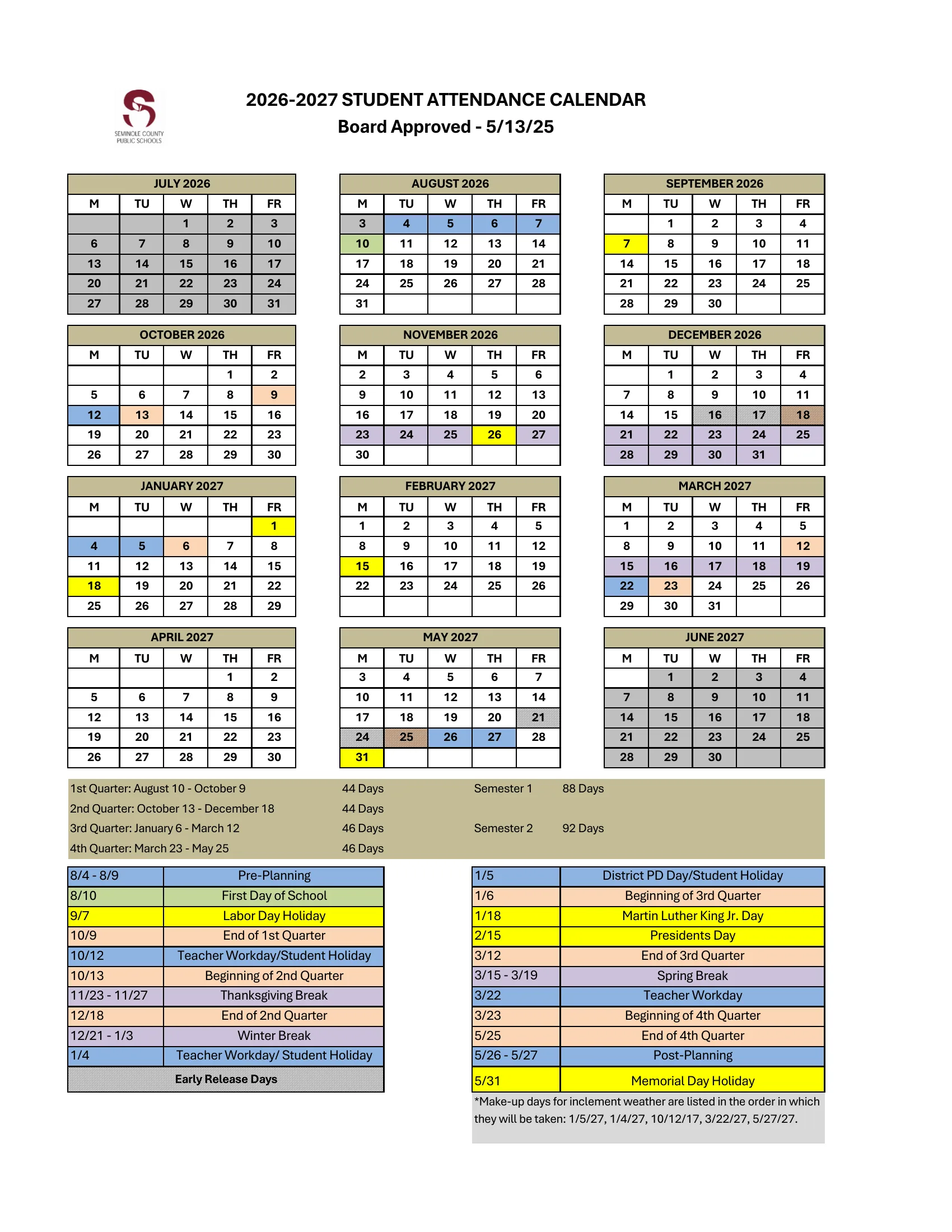 The Seminole County Public Schools 2026-2027 Student Attendance Calendar (board approved 5/13/25): weekday month grids from July 2026 to June 2027 with teacher workdays in blue, holidays in yellow, breaks in purple, quarter starts and ends in peach, early release days hatched, quarter day counts and a color key with the makeup day order.