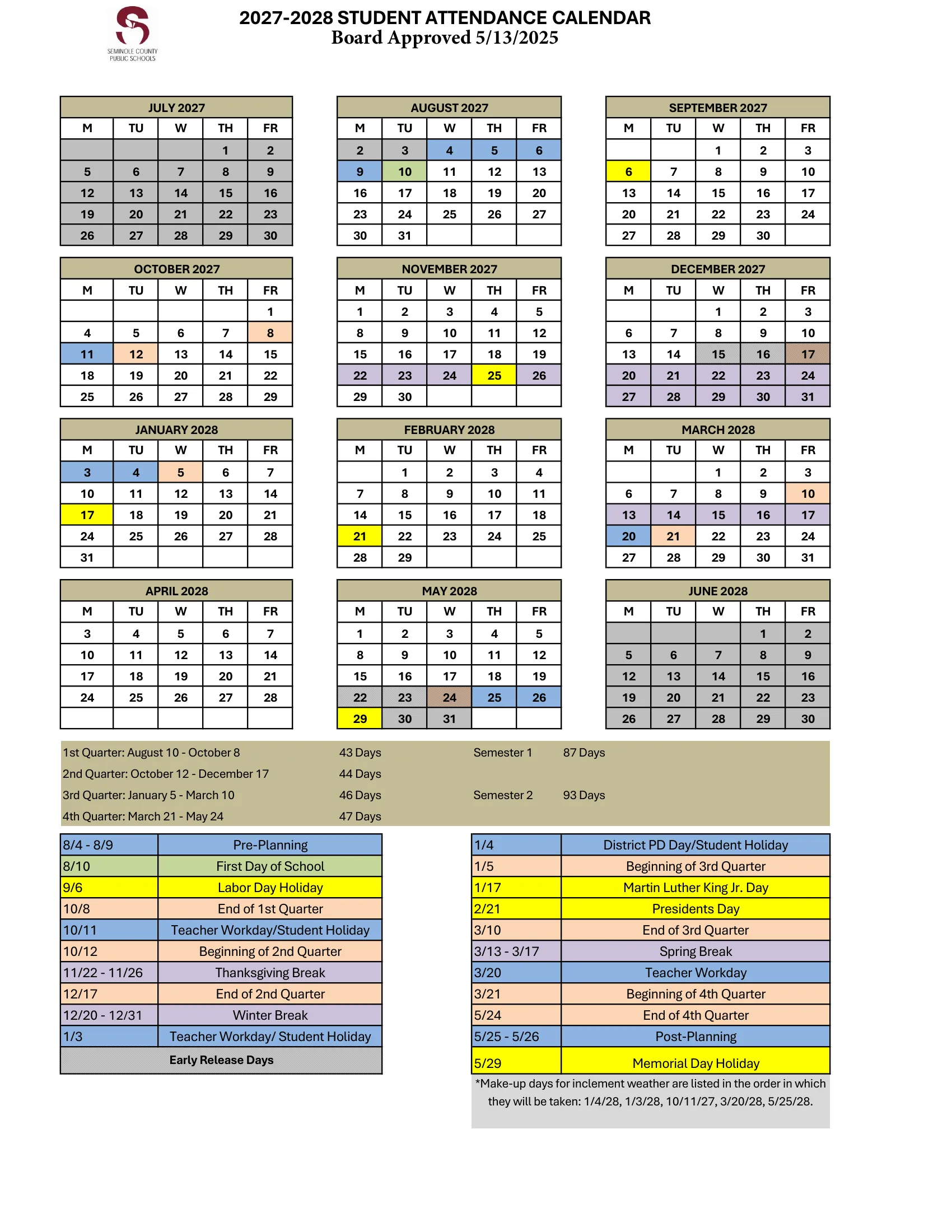The Seminole County Public Schools 2027-2028 Student Attendance Calendar: weekday month grids from July 2027 to June 2028 with teacher workdays in blue, holidays in yellow, breaks in purple, quarter starts and ends in peach, early release days hatched, quarter day counts and a color key with the makeup day order.