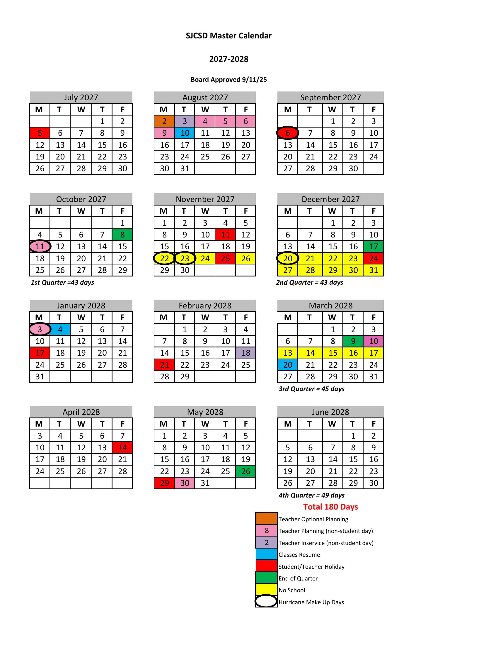 The St. Johns County School District 2027-2028 Master Calendar, color-coded: weekday month grids from July 2027 to June 2028 with student and teacher holidays in red, no-school days in yellow, teacher planning days in pink, inservice days in lavender, first days back in blue, quarter ends in green, hurricane makeup days circled, and the quarter day counts.
